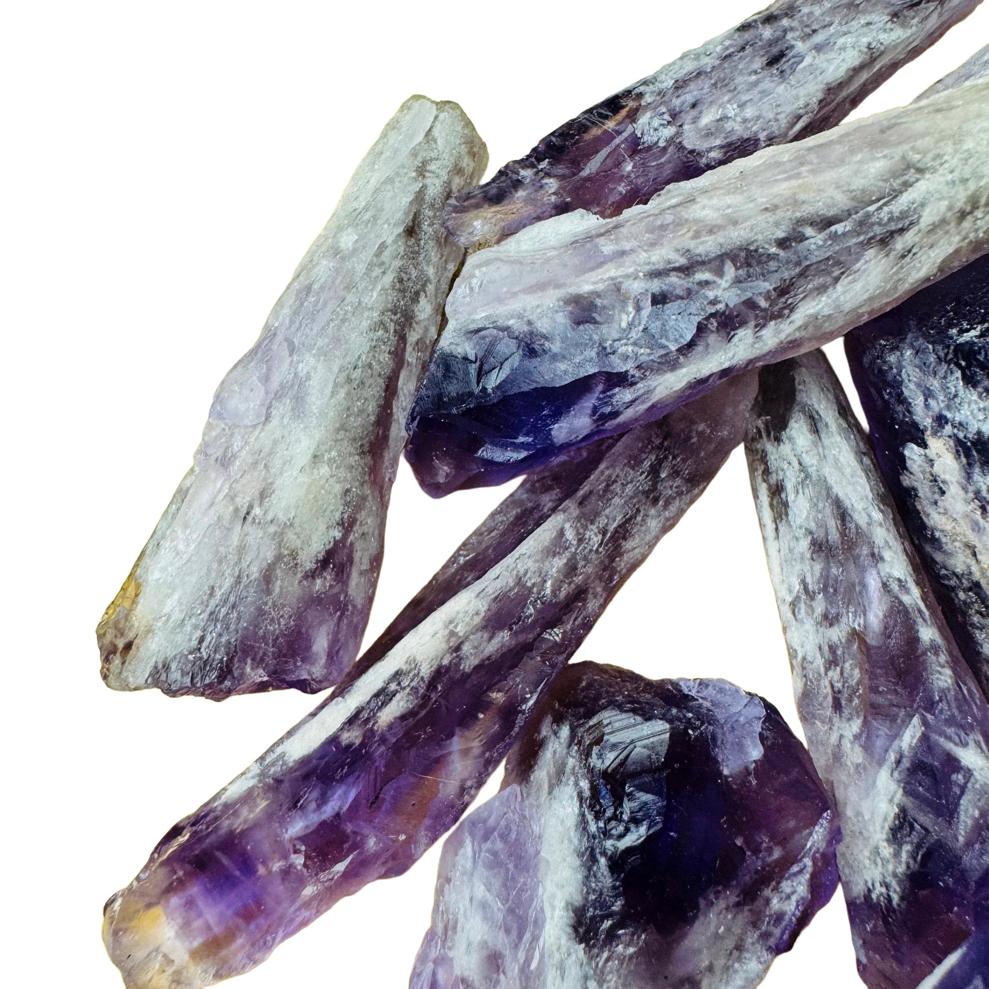 Overhead view of purple Amethyst raw point, showing untreated character.