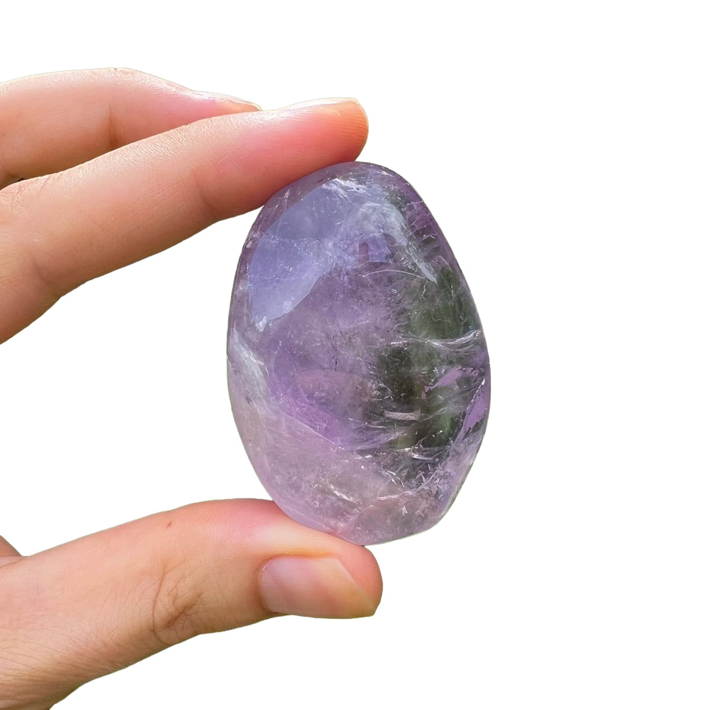 Macro view of Amethyst palm stone, showing matte finish, turned to for Stress Relief and Sleep.