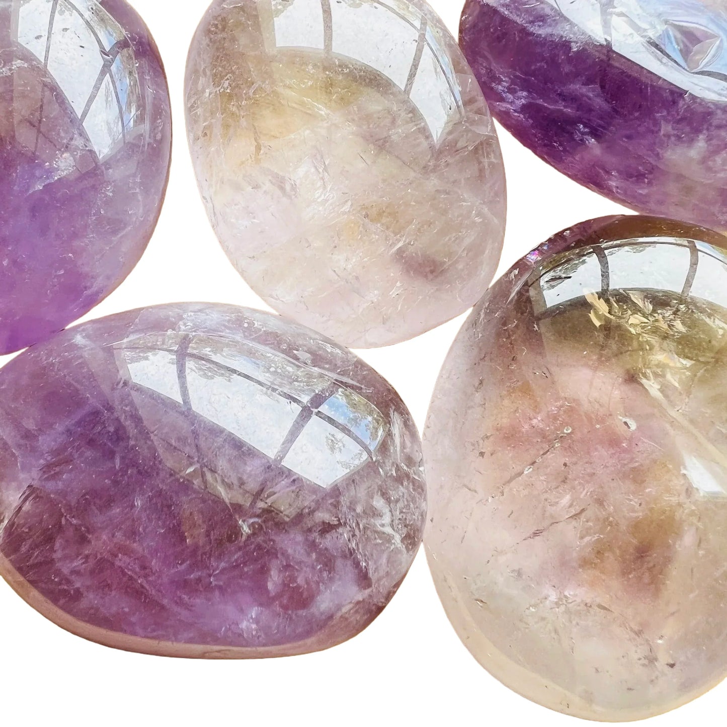 Side-on view of purple Amethyst palm stone, Madagascar-sourced.
