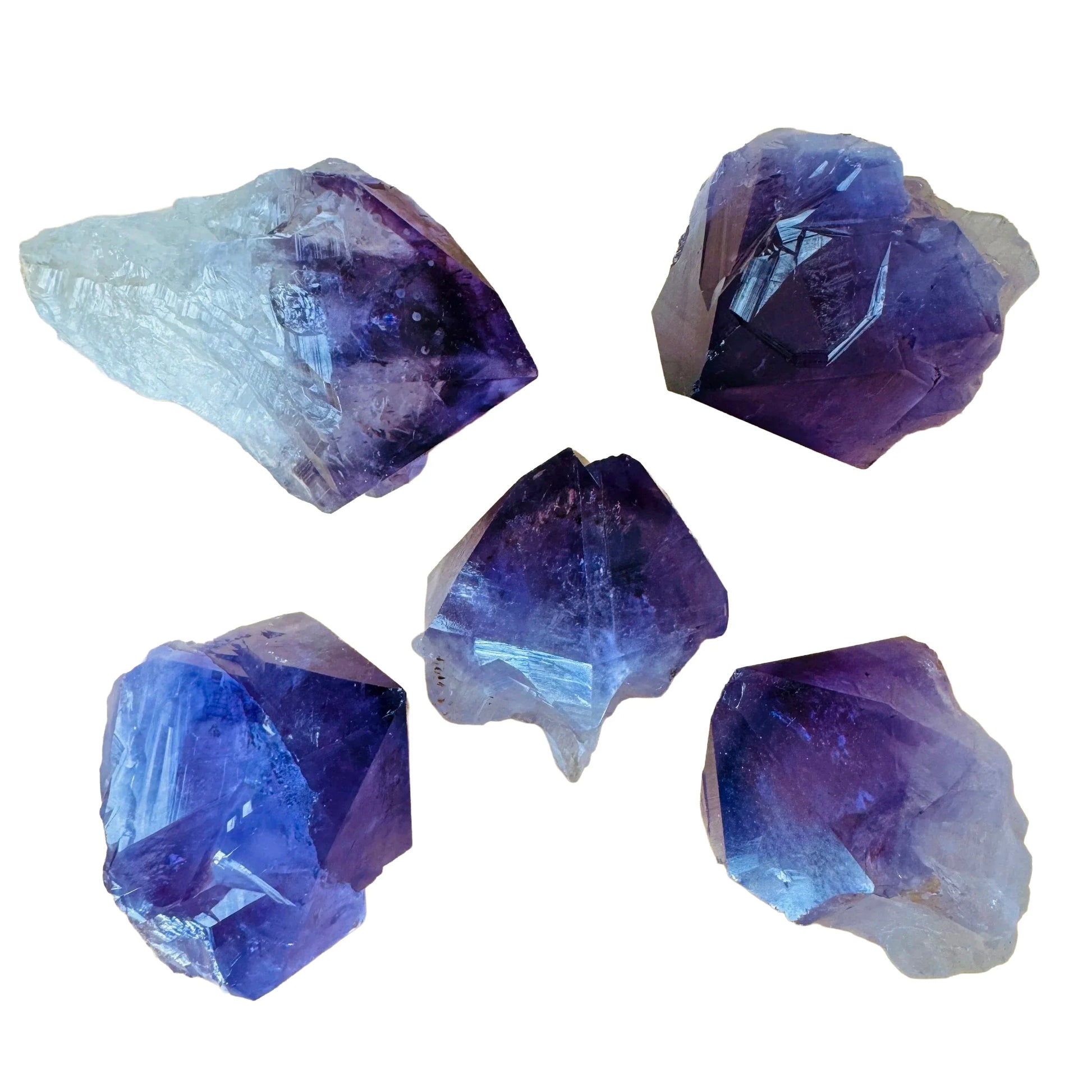 Side-on view of Amethyst raw point, associated with Stress Relief and Sleep, from Brazil.