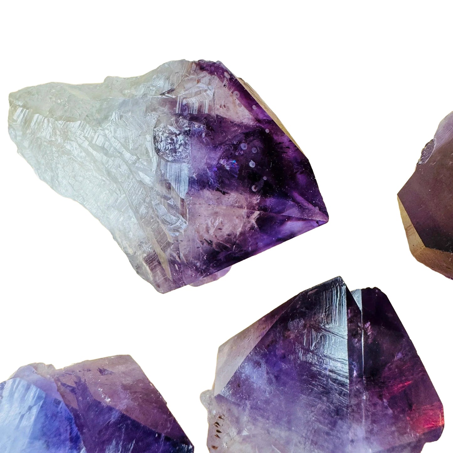 Bird's-eye view of Amethyst raw point, showing characteristic patterning, kept near for Stress Relief.
