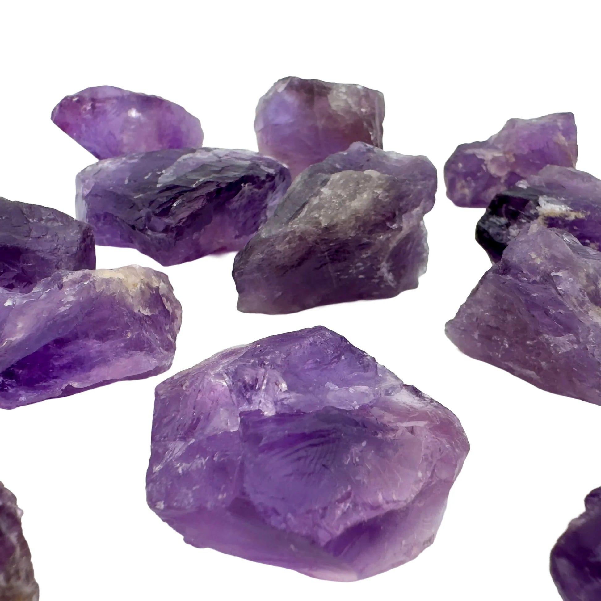 Overhead angle of Amethyst raw stone, showing natural form, from Brazil.