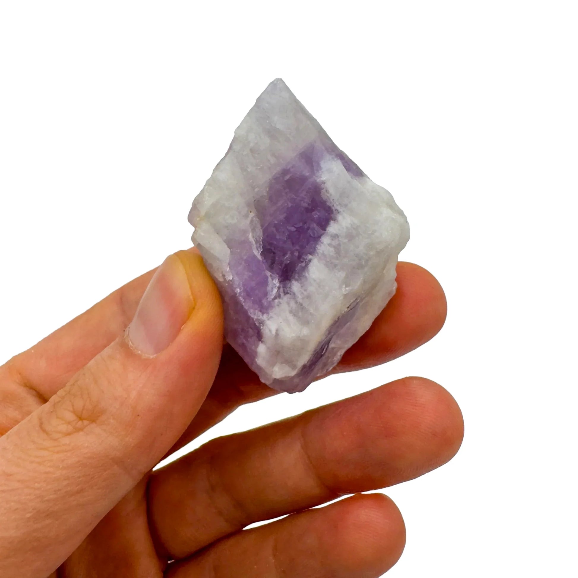 Grade a amethyst raw held in hand for size reference