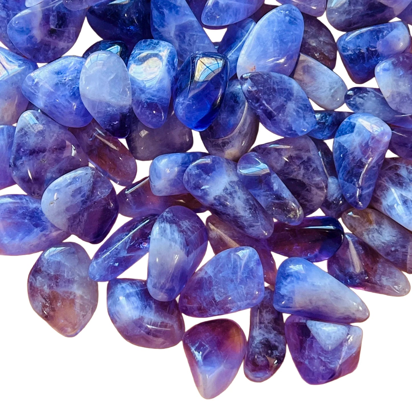 Top angle of Amethyst tumbled stone, traditionally used for Stress Relief, sourced from Analamanga, Madagascar.
