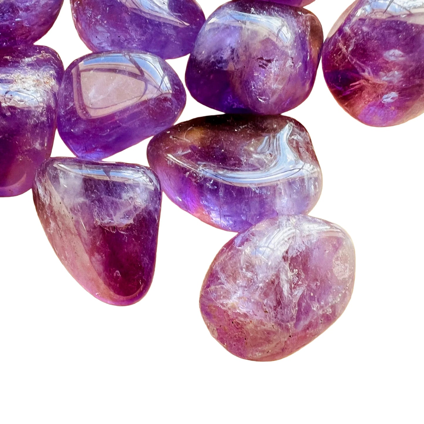 Looking down on Amethyst tumbled stone, sourced from Rio Grande do Sul, Brazil.