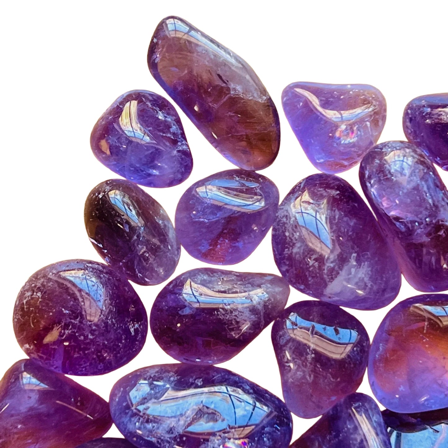 Plan view of Amethyst tumbled stone, showing translucent edges.
