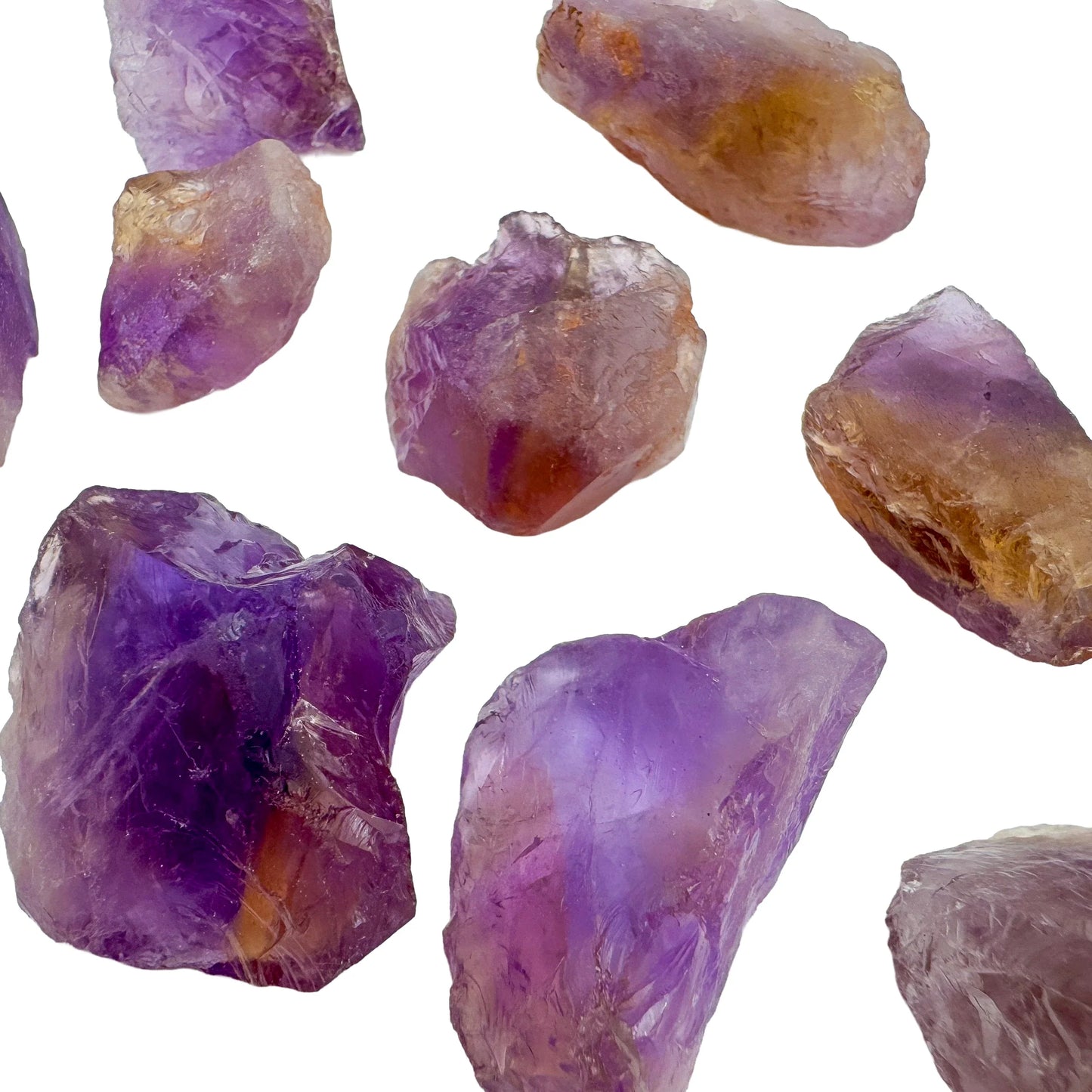 Reverse angle of Ametrine raw stone, showing characteristic color, hand-selected from Ángel Sandoval Province, Bolivia.