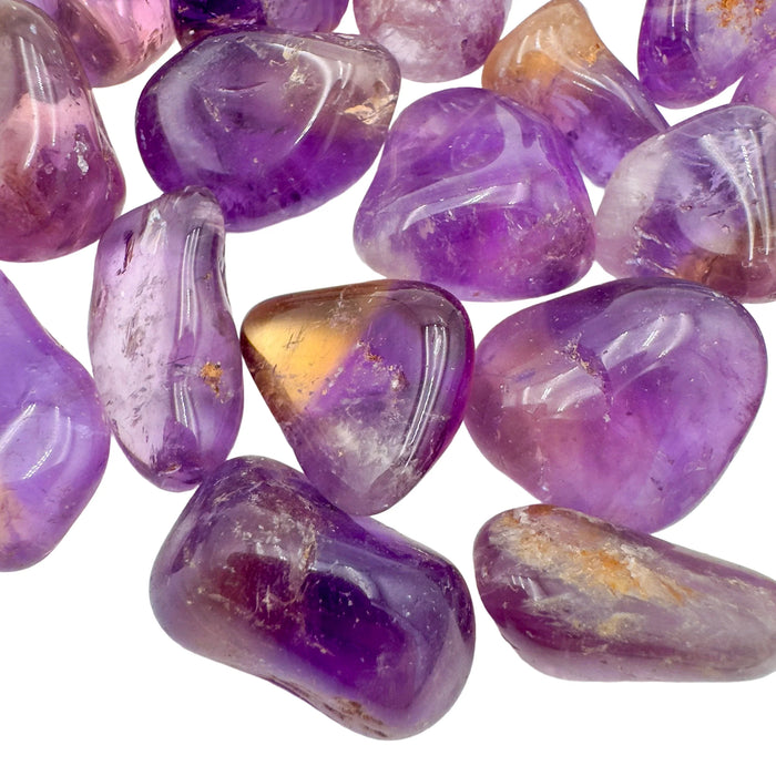 Side profile of Ametrine tumbled stone, sourced from Ángel Sandoval Province, Bolivia.