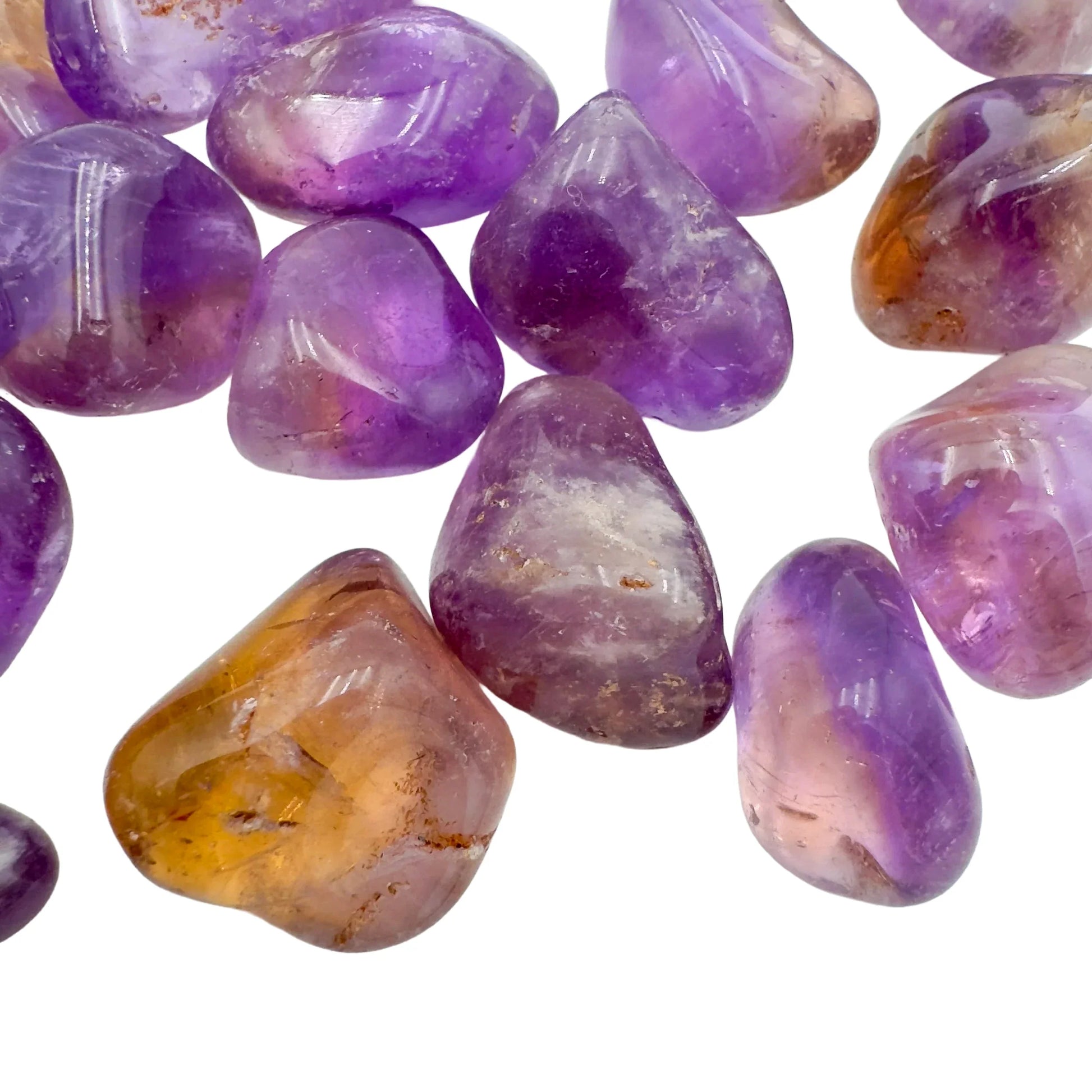 Underside detail of Ametrine tumbled stone, Bolivia-sourced.