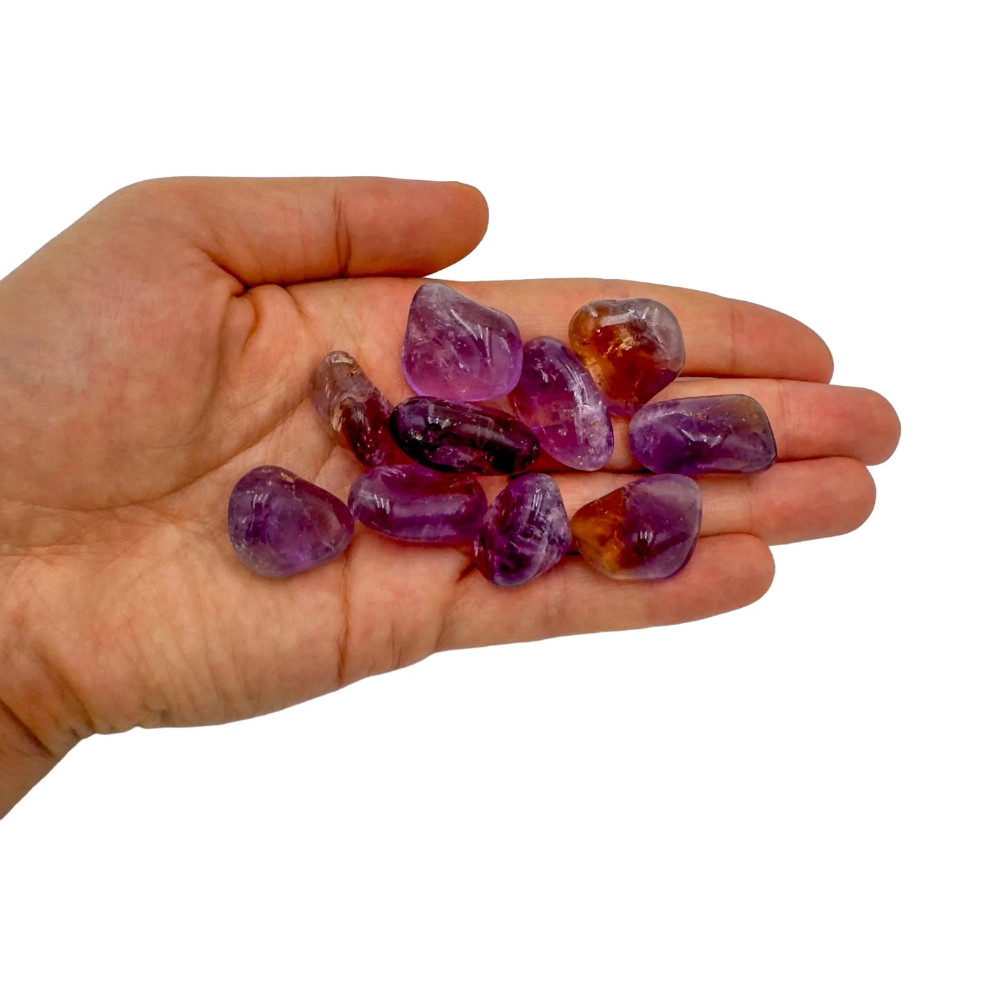 Back view of Grade AAA Ametrine tumbled stone showing natural surface
