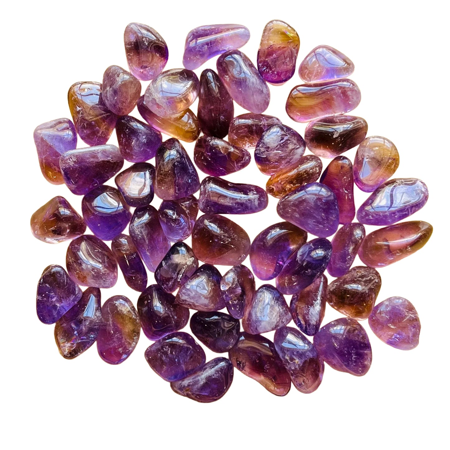 Detail shot of Grade AAA Ametrine tumbled stone under natural light