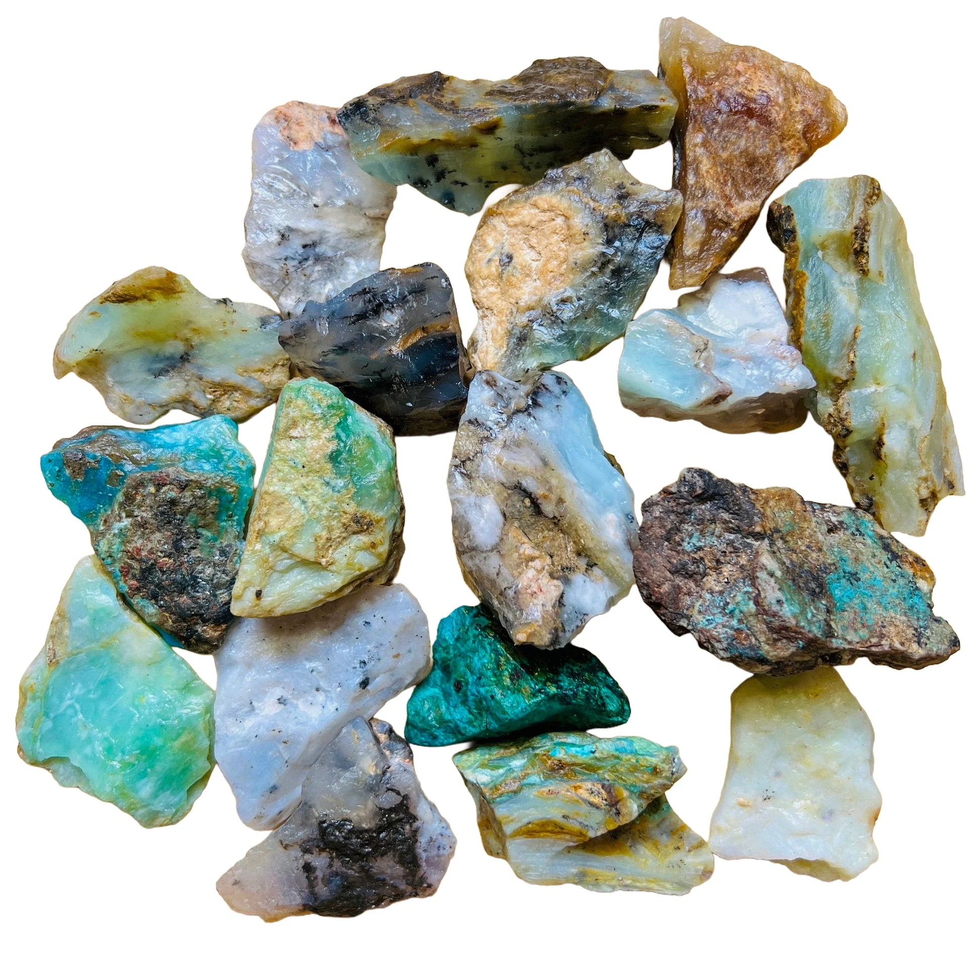 Near view of Blue Opal raw stone, showing tight grain.