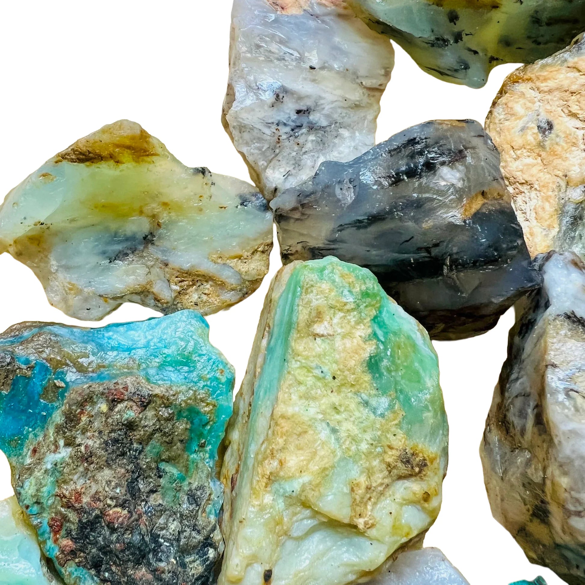 Profile view of Blue Opal raw stone, showing natural color depth, associated with Emotional Healing.