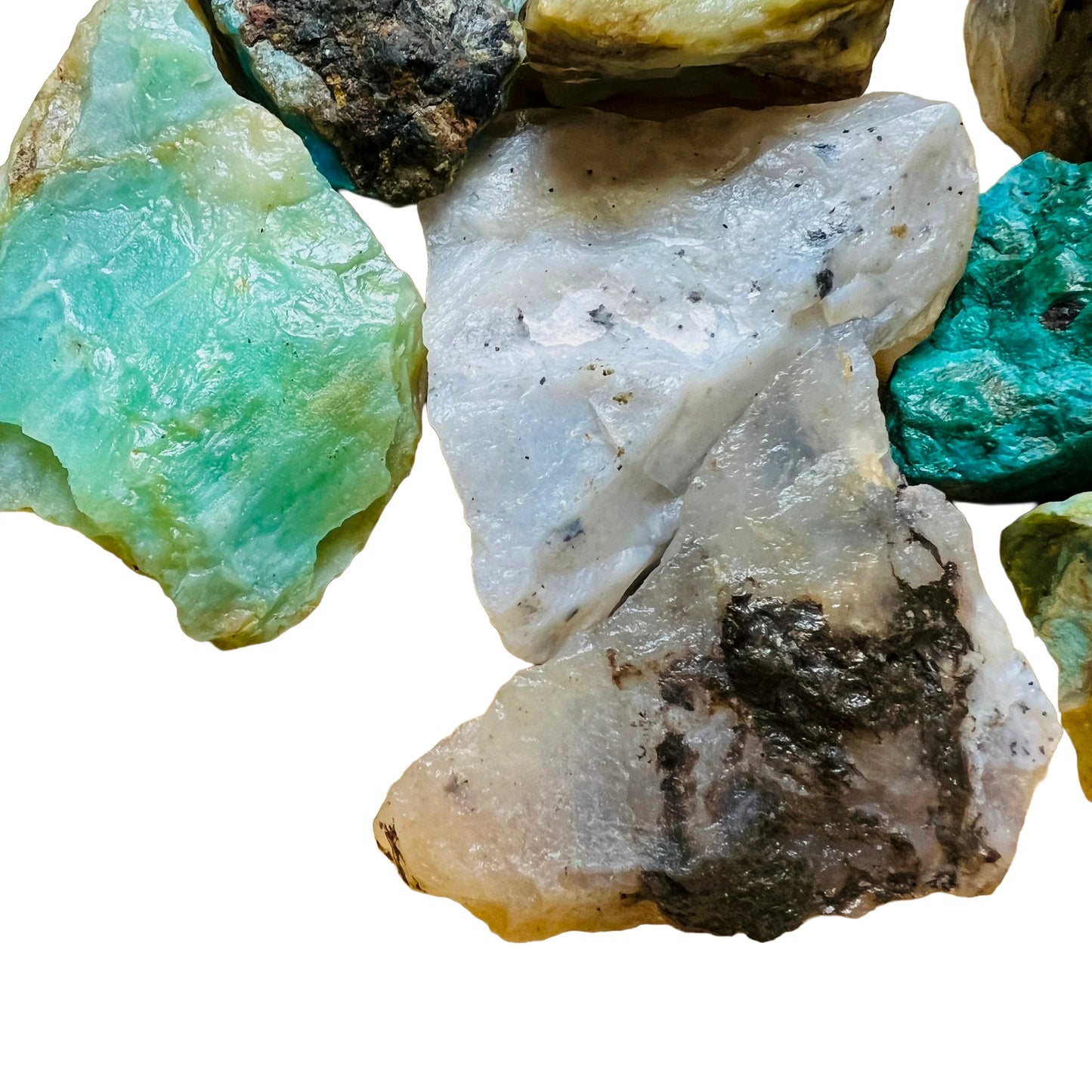 Looking down on Blue Opal raw stone, kept close for Emotional Healing, sourced from Peru.