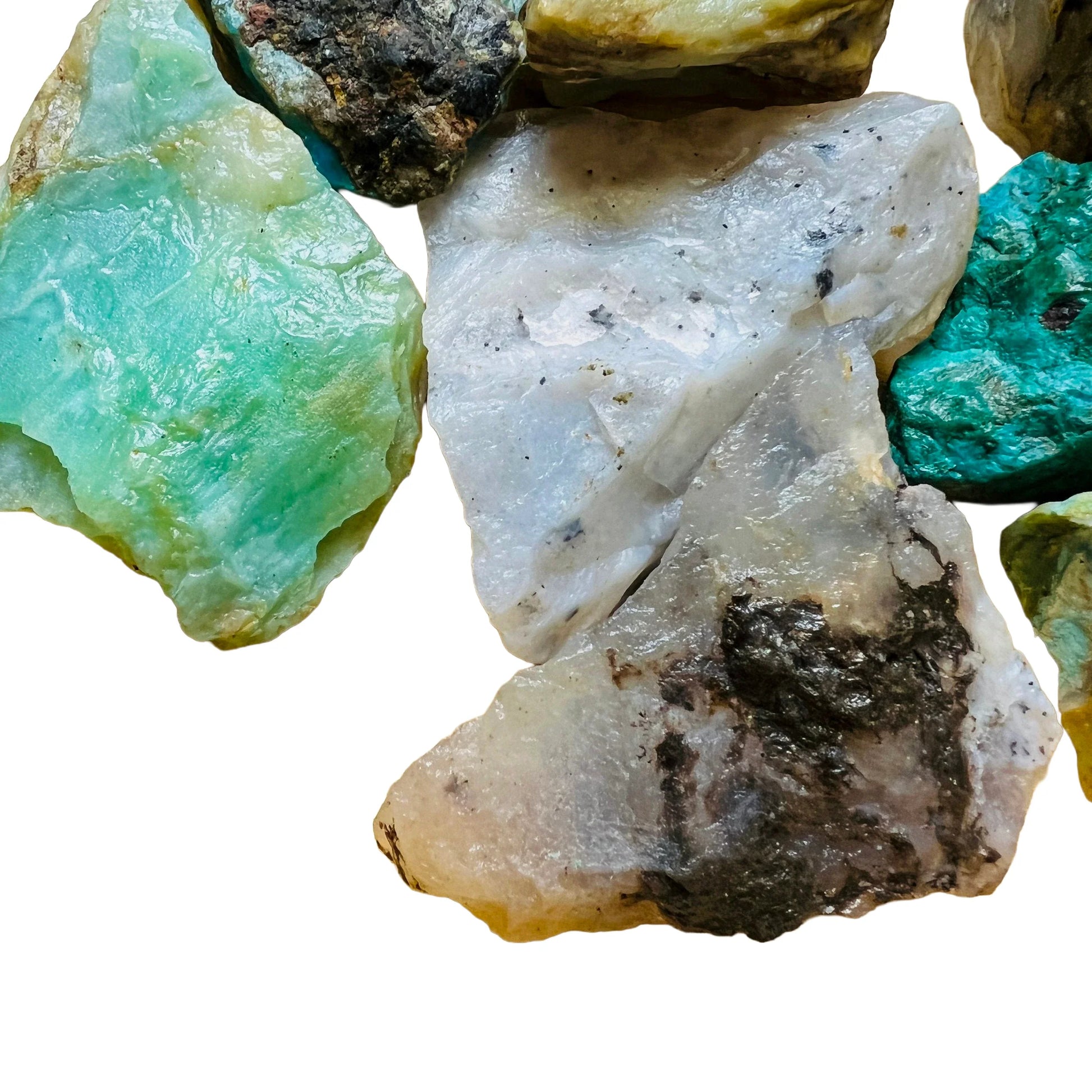 Looking down on Blue Opal raw stone, kept close for Emotional Healing, sourced from Peru.