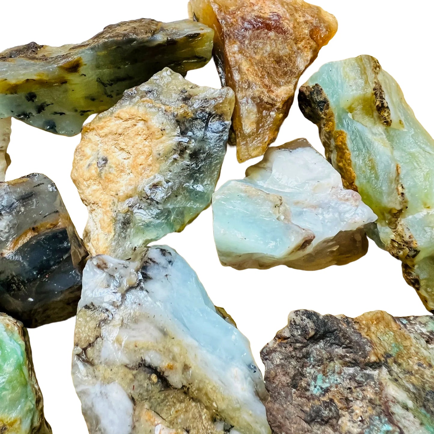 Alternate angle of Blue Opal raw stone, sourced from Arequipa, Peru, turned to for Emotional Healing and Stress Relief.