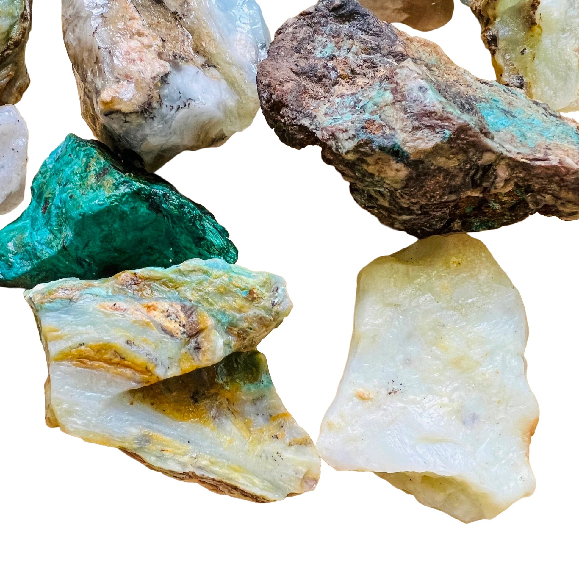 Hand-held view of a single Blue Opal raw stone from Peru.