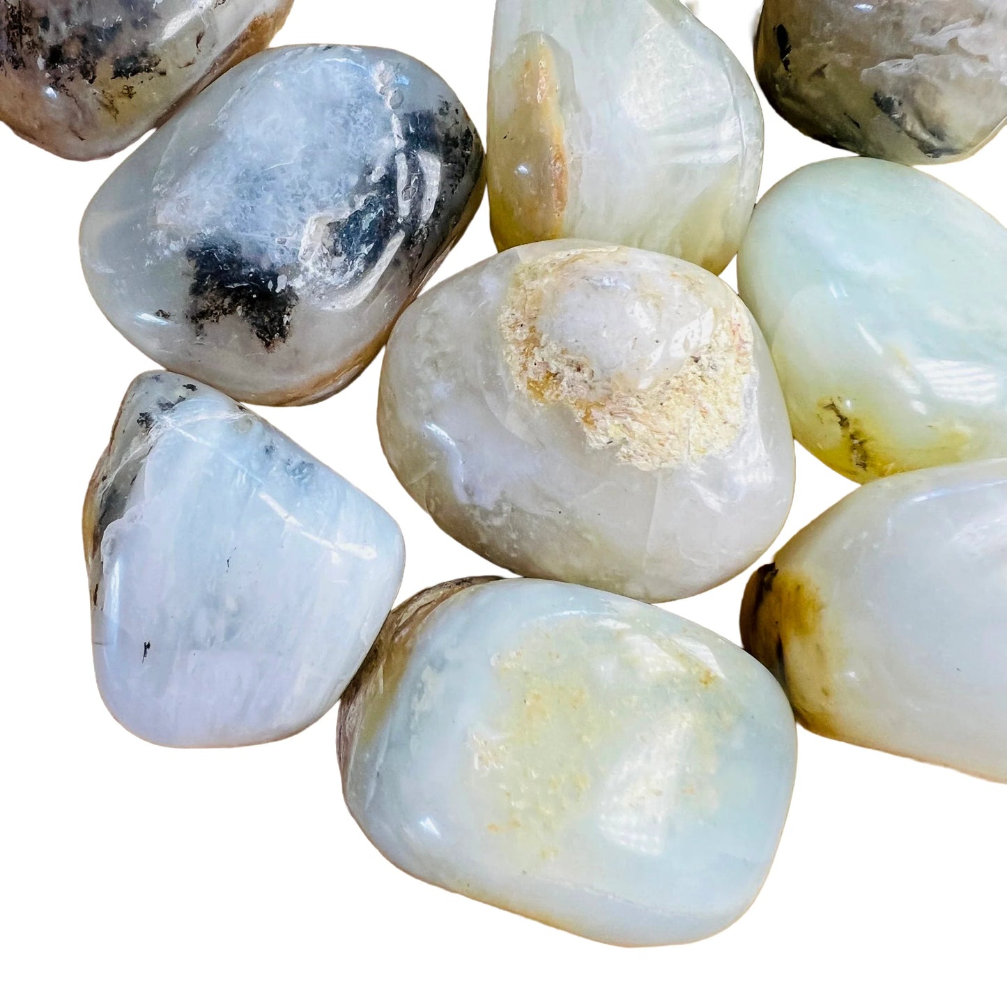 Full profile of Grade A Blue Opal tumbled stone ready to ship from Beyond Bohemian