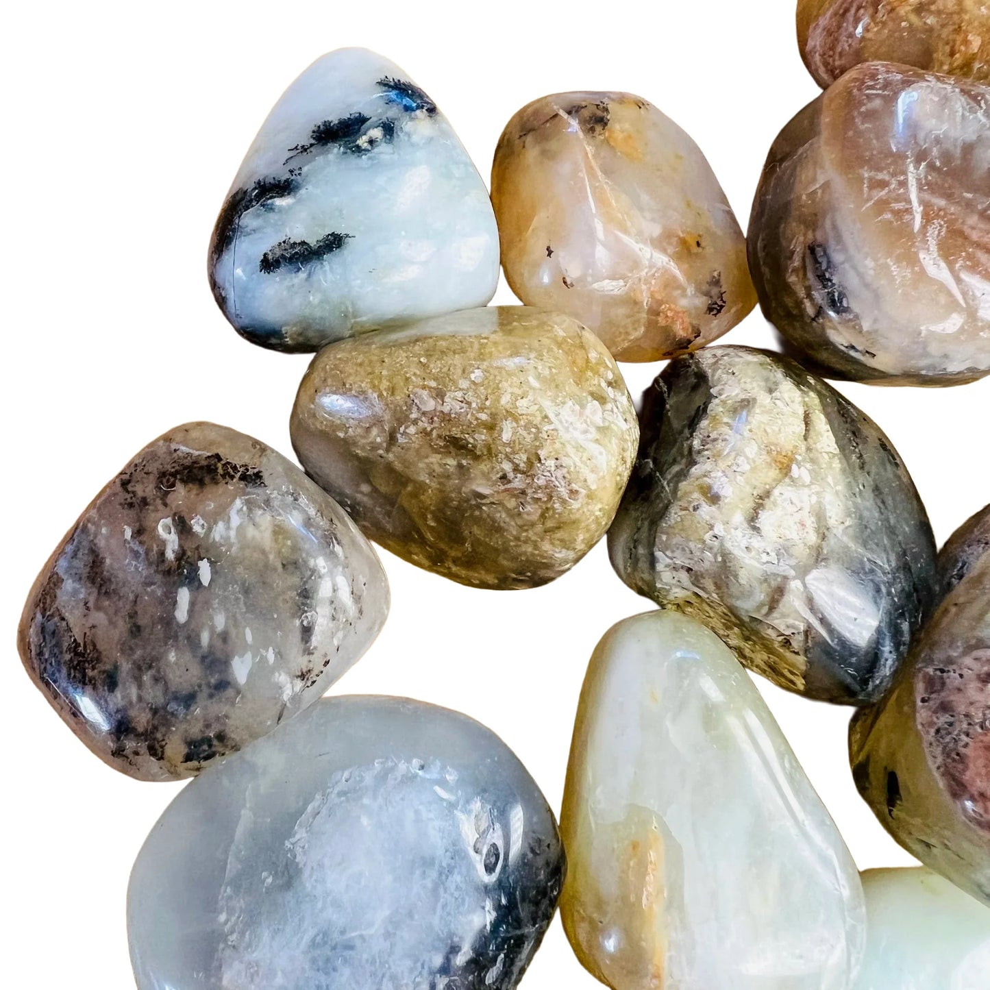 Full profile of Grade A Blue Opal tumbled stone ready to ship from Beyond Bohemian