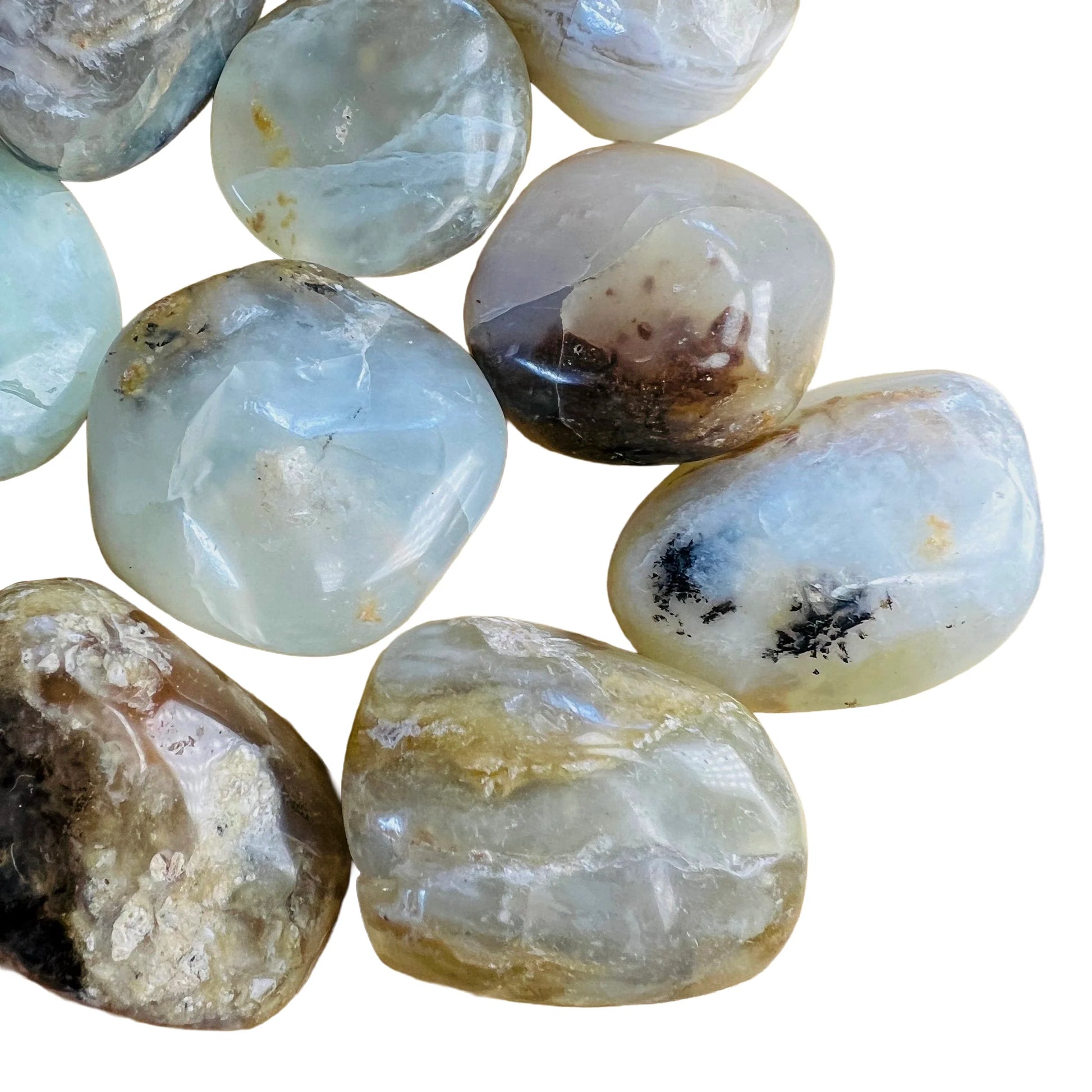 Full profile of Grade A Blue Opal tumbled stone ready to ship from Beyond Bohemian
