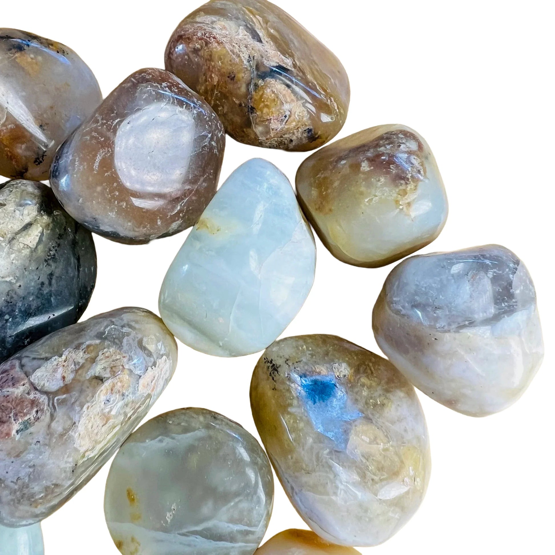 Full profile of Grade A Blue Opal tumbled stone ready to ship from Beyond Bohemian