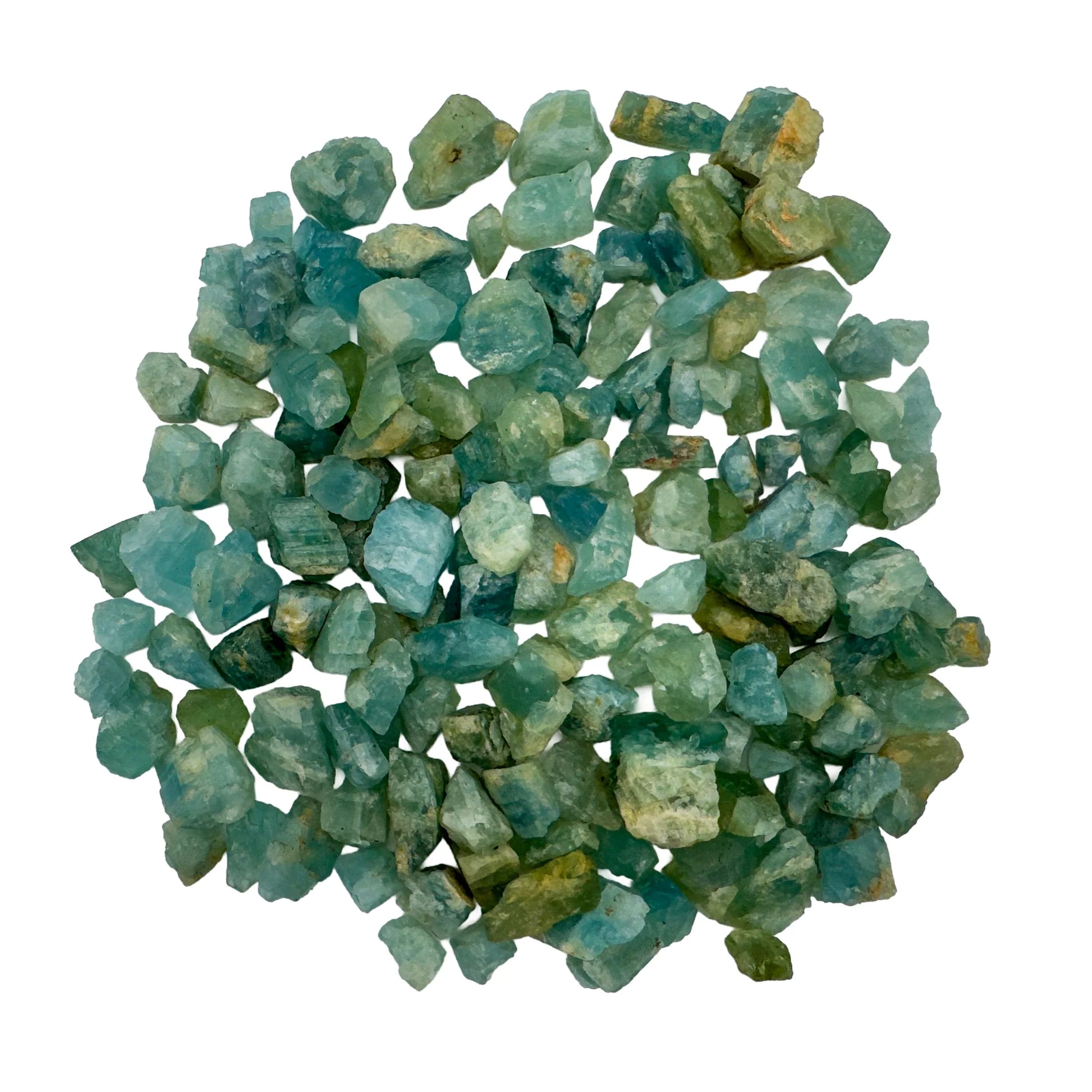 Detail shot showing Aquamarine raw stone, showing natural patina.
