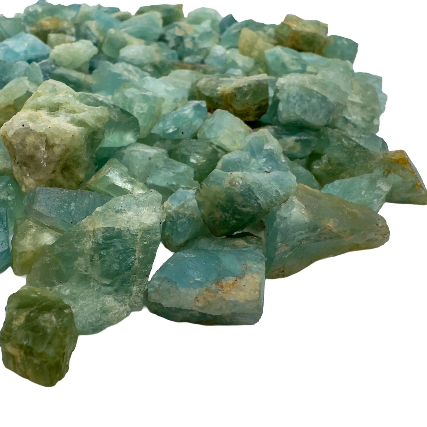 Rear view of Aquamarine raw stone, showing natural patina, from Angola.