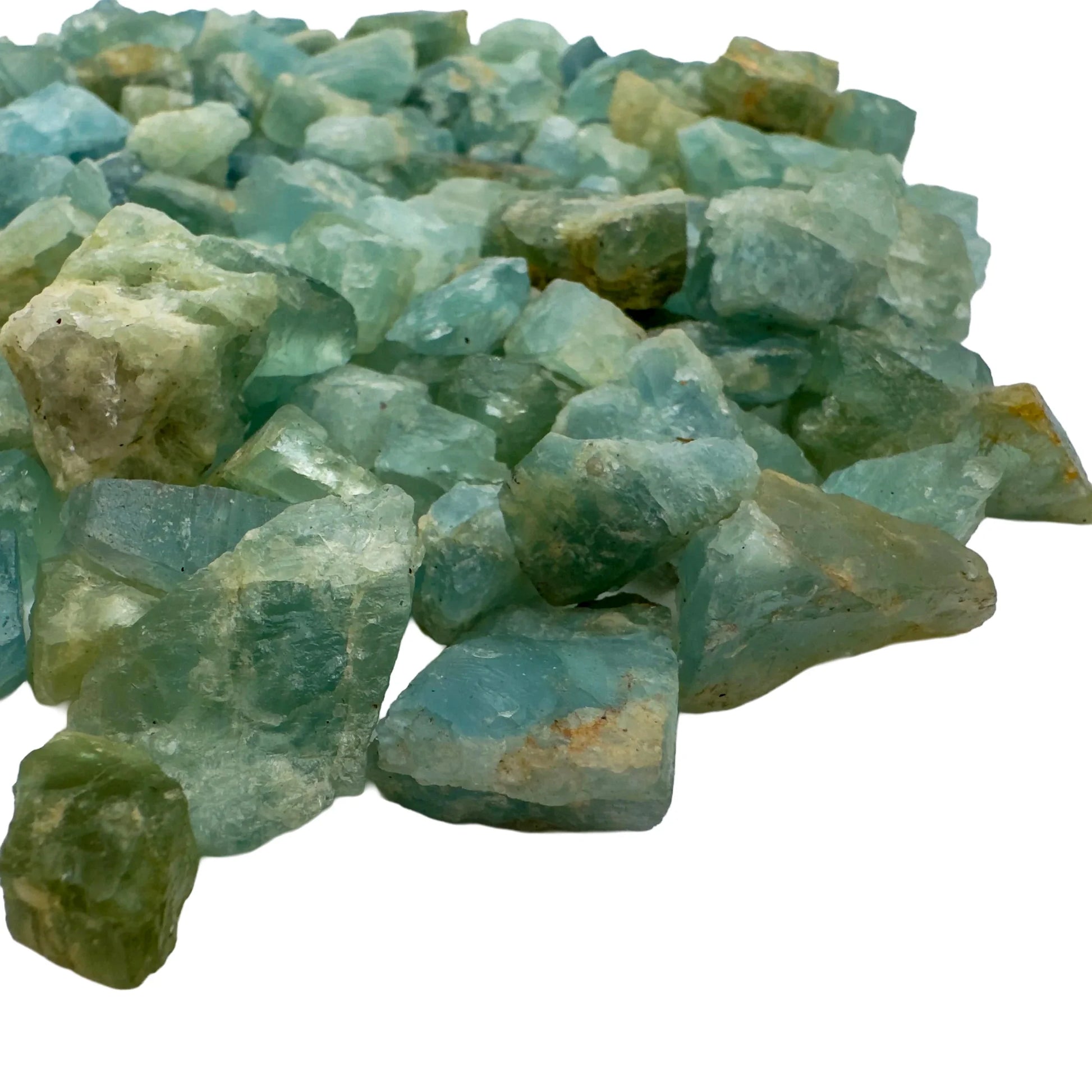 Rear view of Aquamarine raw stone, showing natural patina, from Angola.