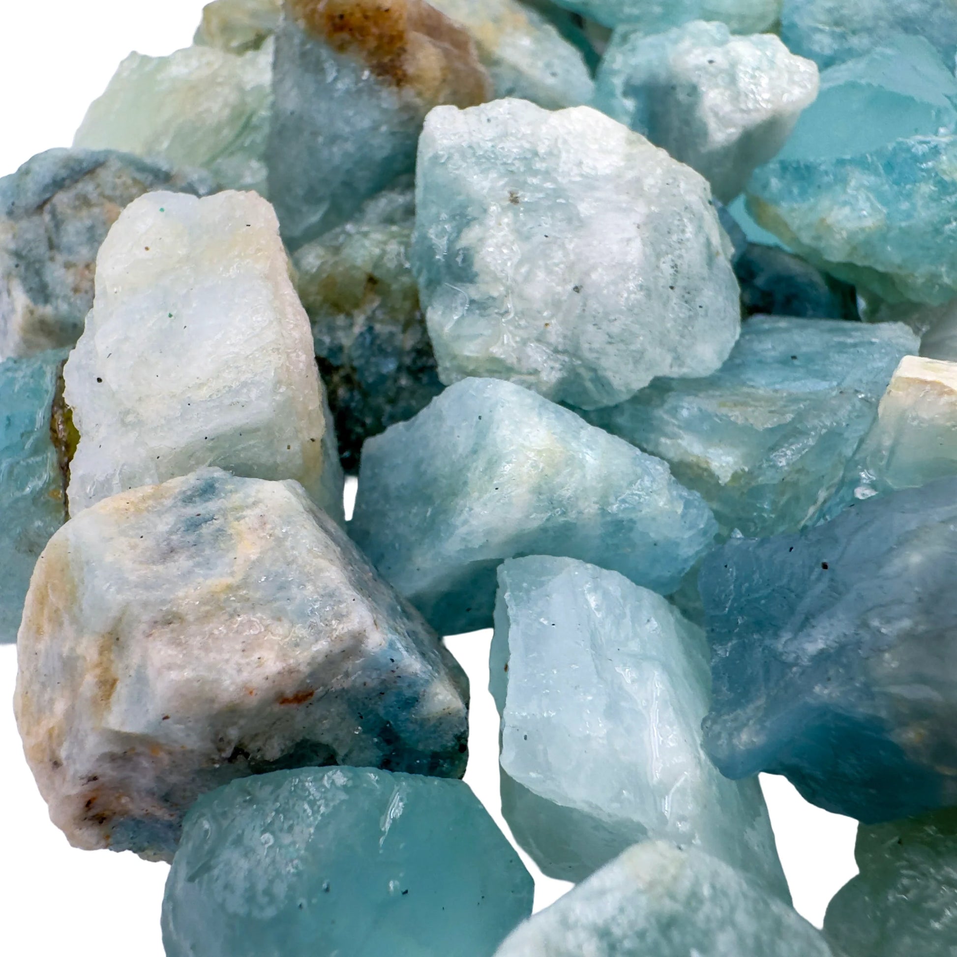 Plan view of Aquamarine raw stone, often kept for Calm, sourced from Brazil.