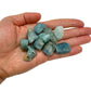 Hand holding small aquamarine raw crystals 5-10 grams Brazil scale reference