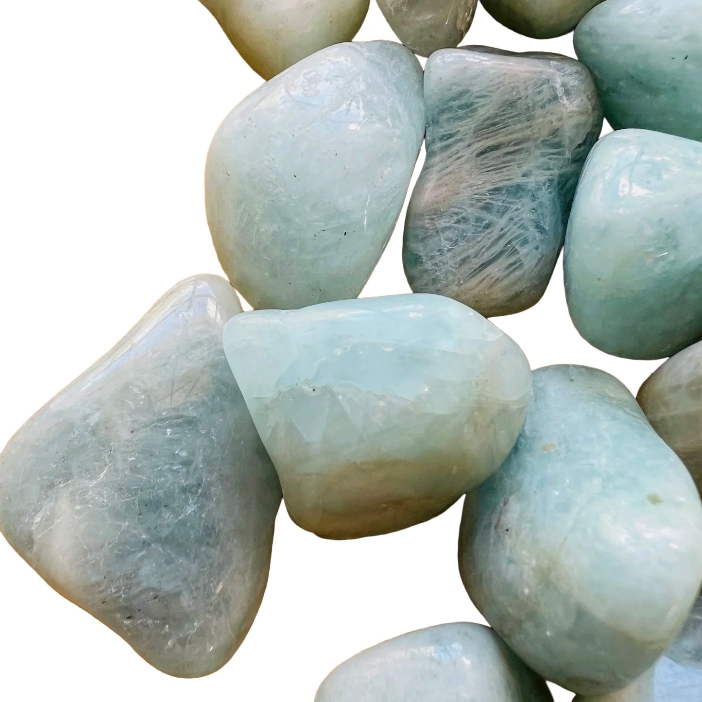 Detail of Aquamarine tumbled stone, showing natural sheen, linked to Stress Relief.
