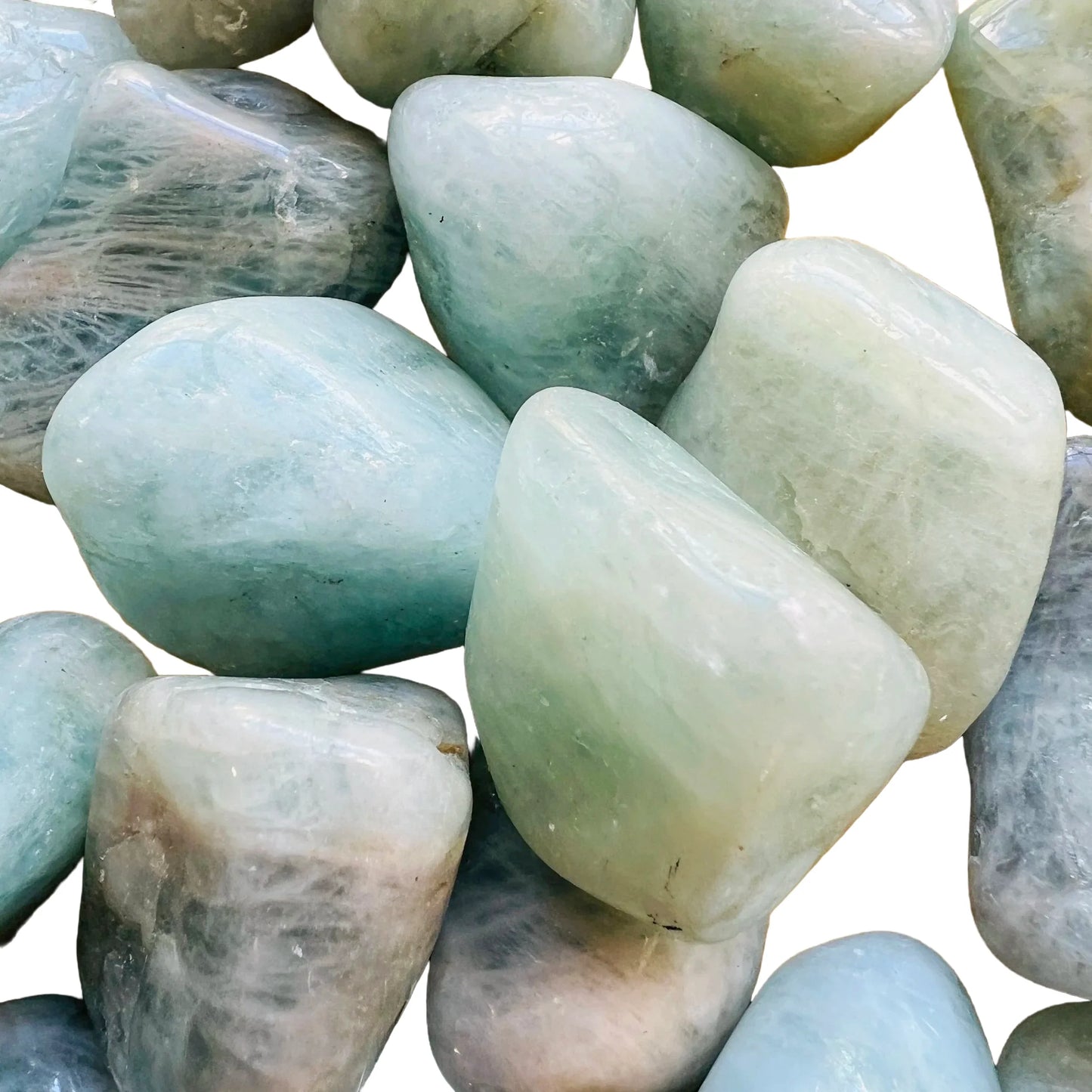 Plan view of Aquamarine tumbled stone, Brazil-sourced, kept near for Stress Relief.