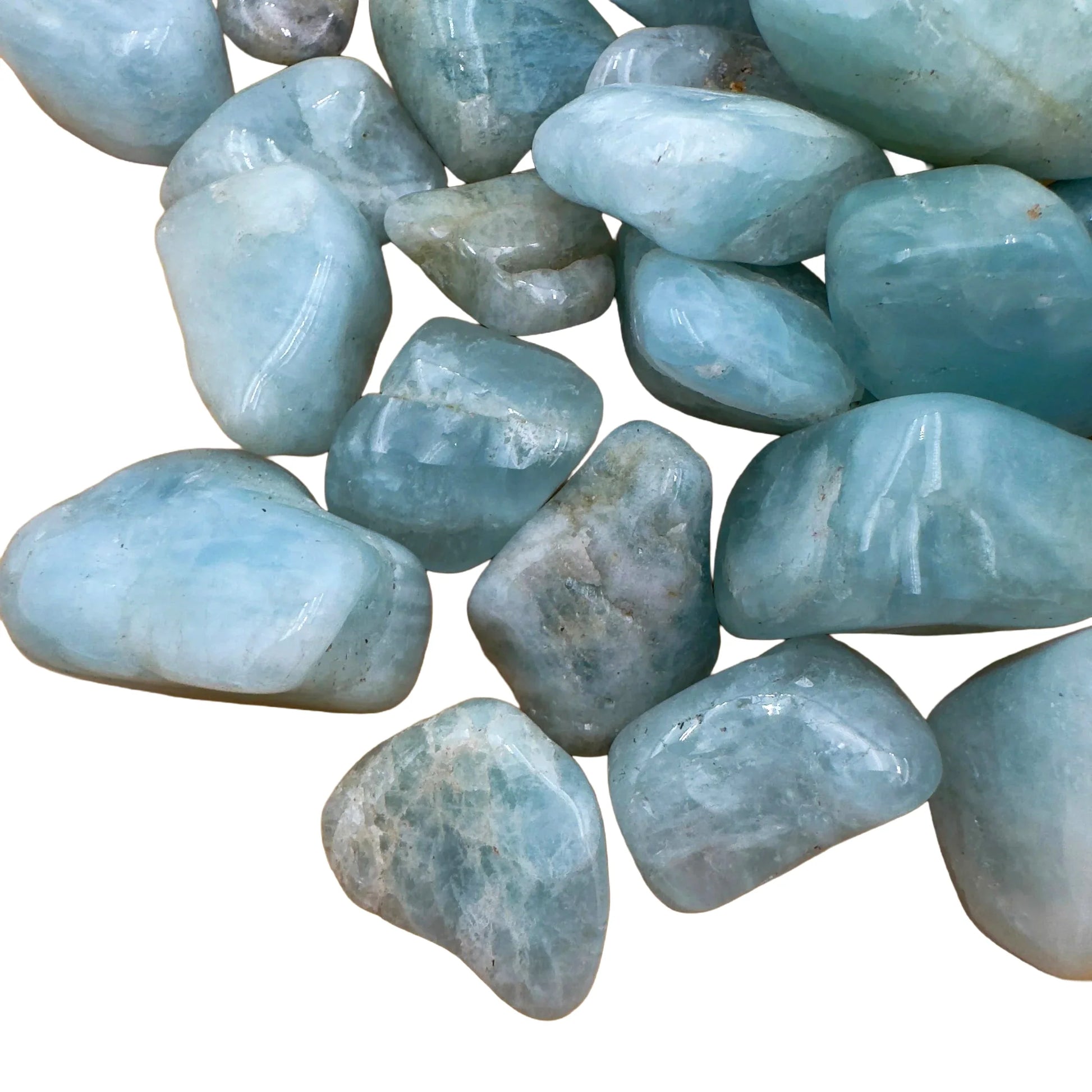 Edge-on view of Aquamarine tumbled stone, from Minas Gerais, Brazil, drawn on for Stress Relief and Emotional Healing.