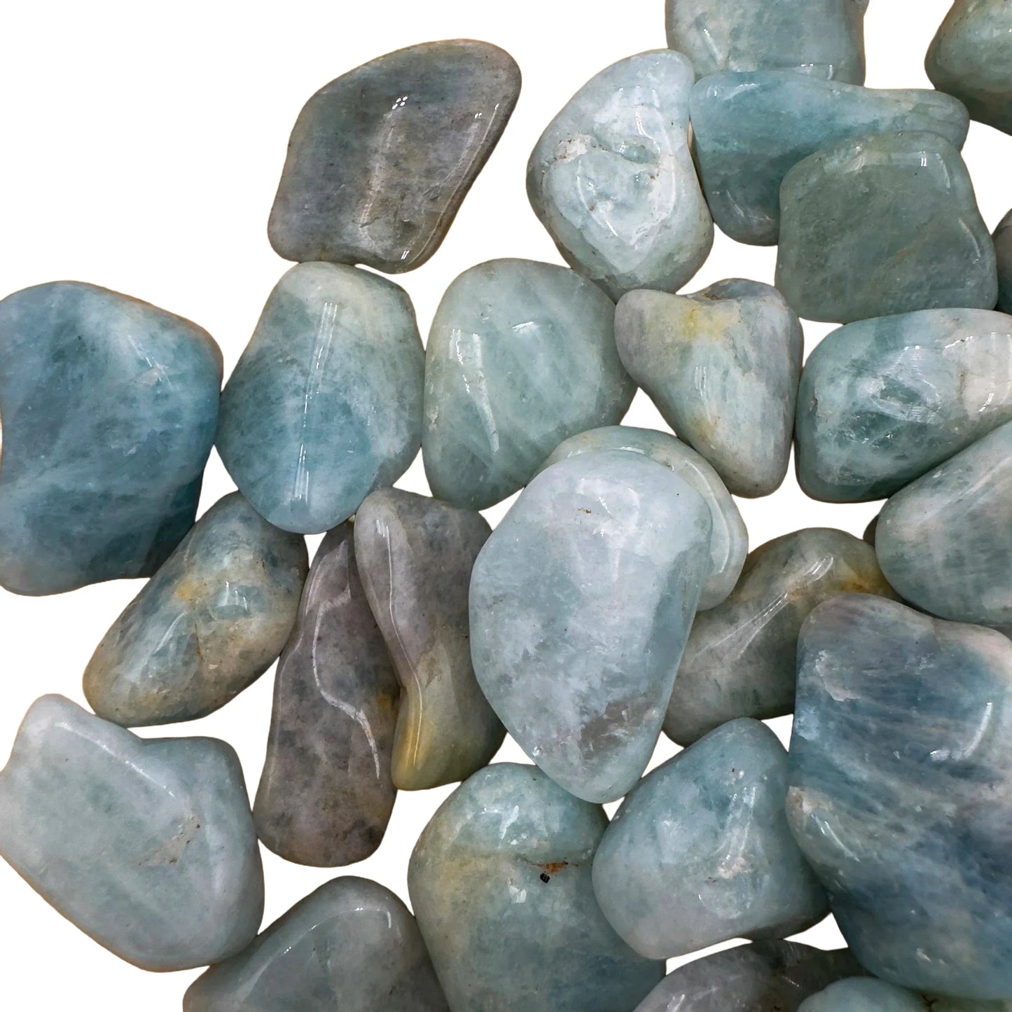 Top view of Grade A Aquamarine tumbled stone, often paired with practices around Stress Relief.