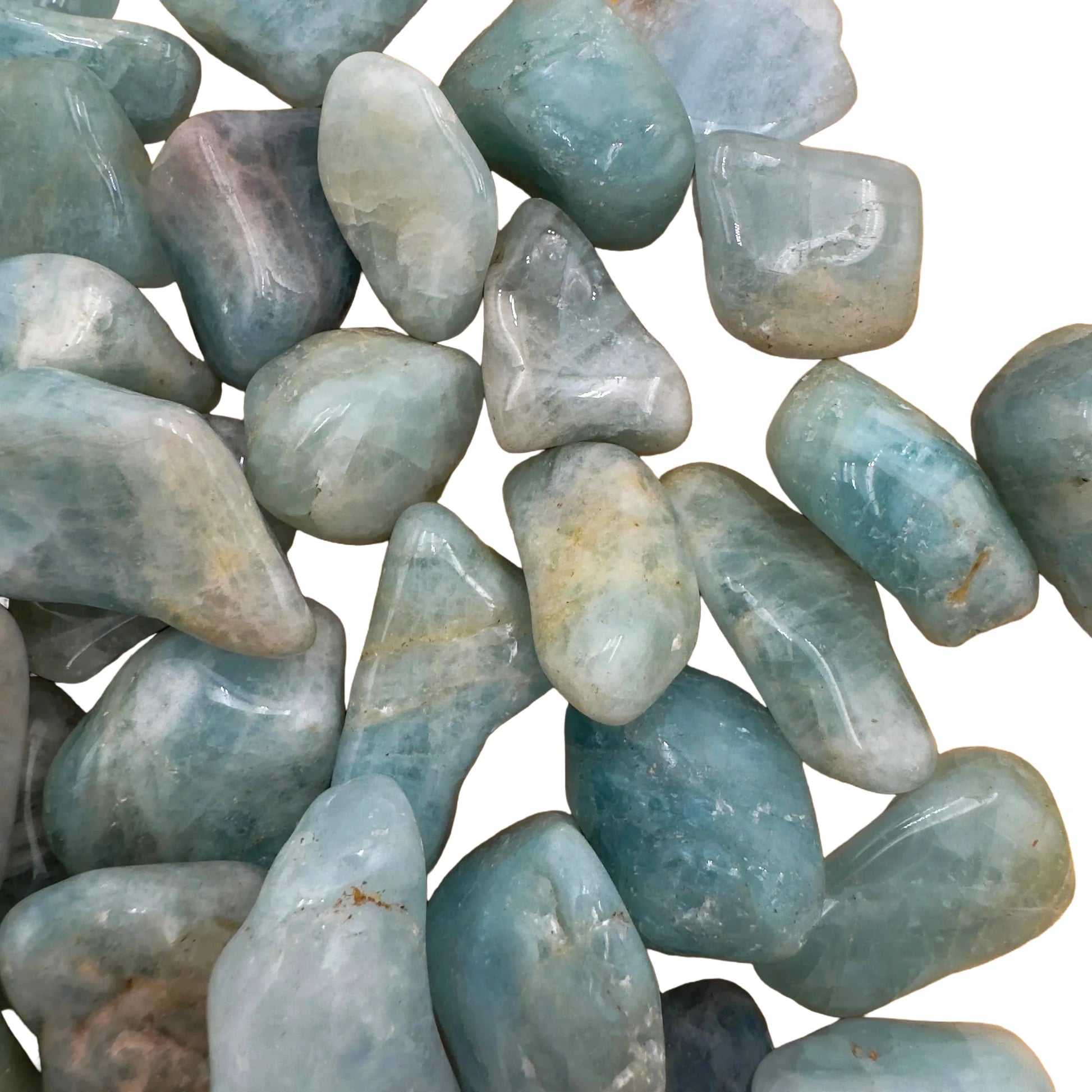 Rear view of Aquamarine tumbled stone, sourced from Minas Gerais, Brazil.