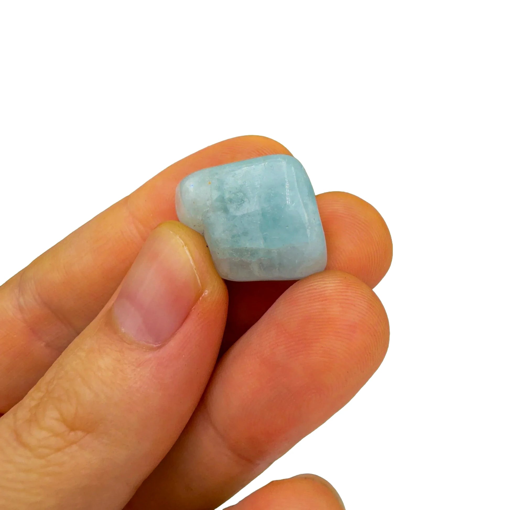 Back view of Grade A Aquamarine tumbled stone showing natural surface
