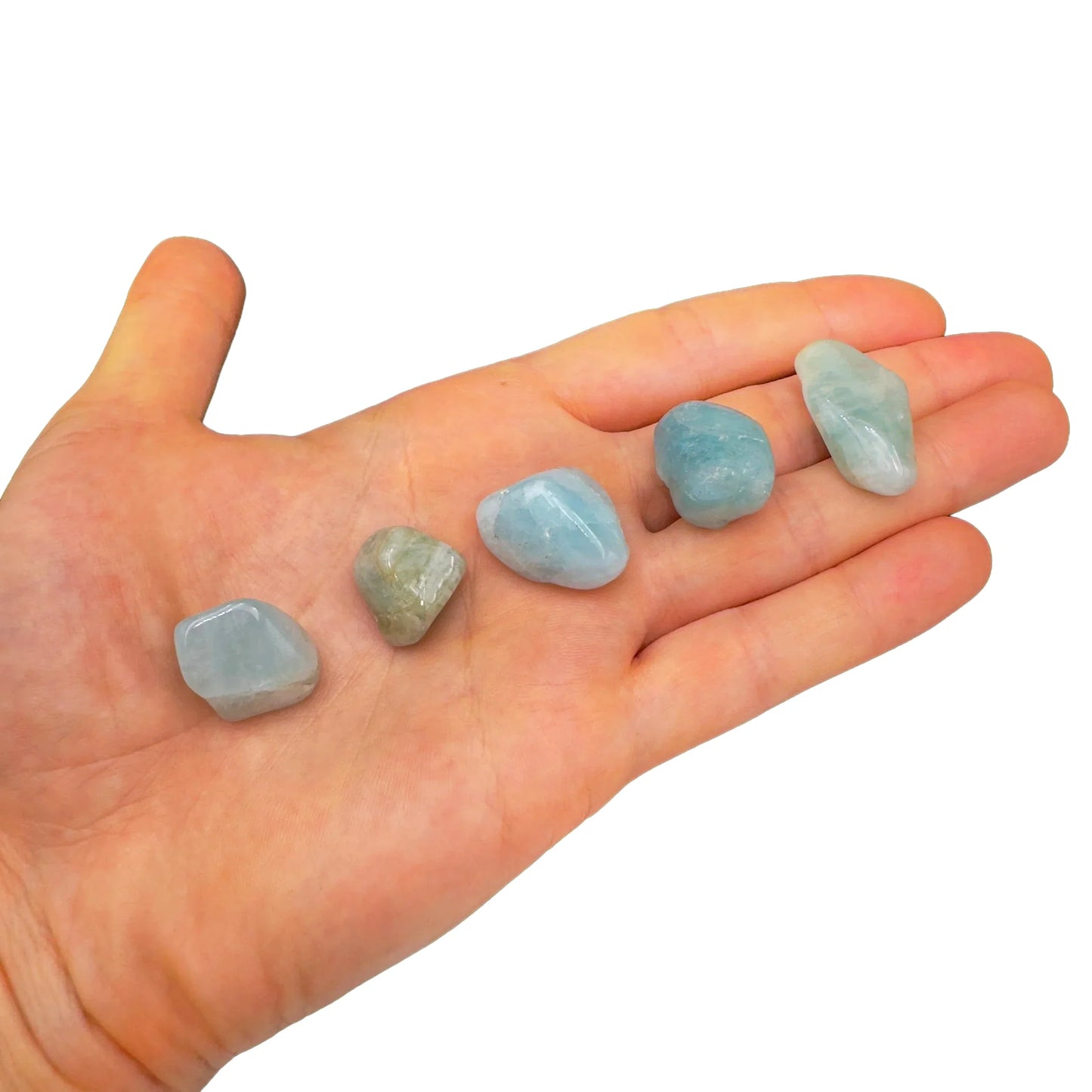 Full profile of Grade A Aquamarine tumbled stone ready to ship from Beyond Bohemian