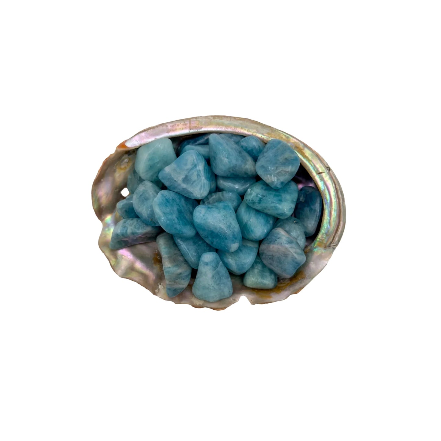 Magnified detail of Aquamarine tumbled stone, showing natural variation, often worked with for Stress Relief and Emotional Healing.