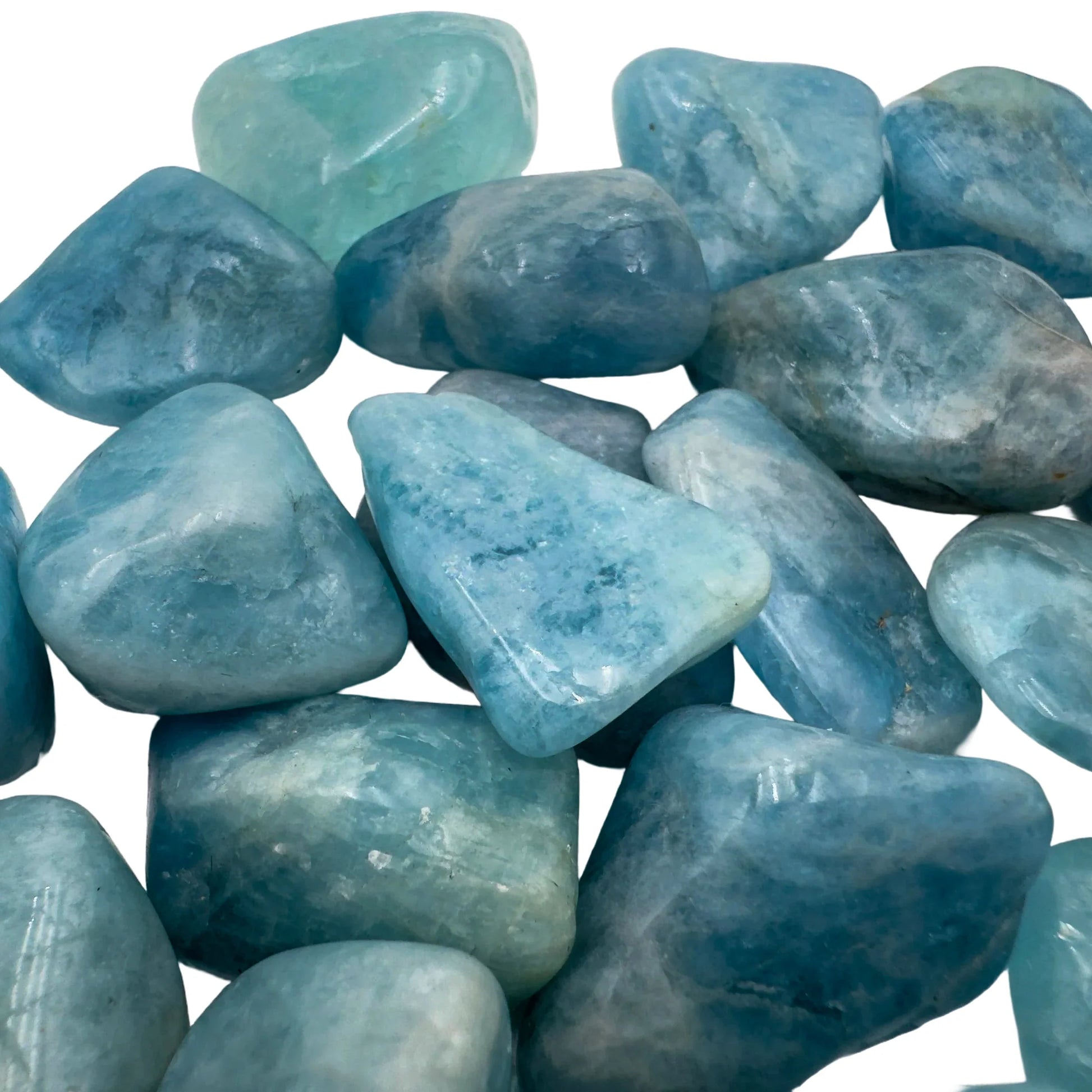 Back view of Grade AAA Aquamarine tumbled stone showing natural surface