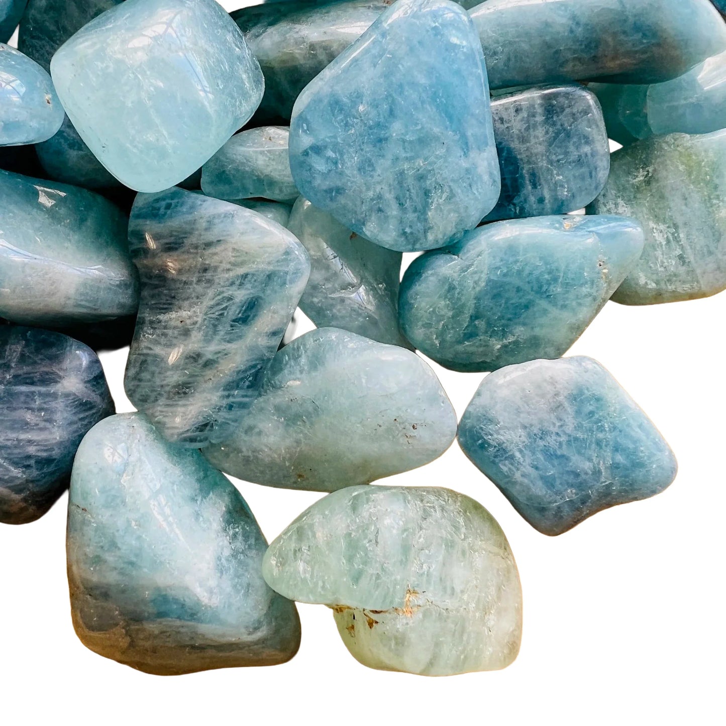Side perspective of Aquamarine tumbled stone, showing characteristic color, sourced from Brazil.