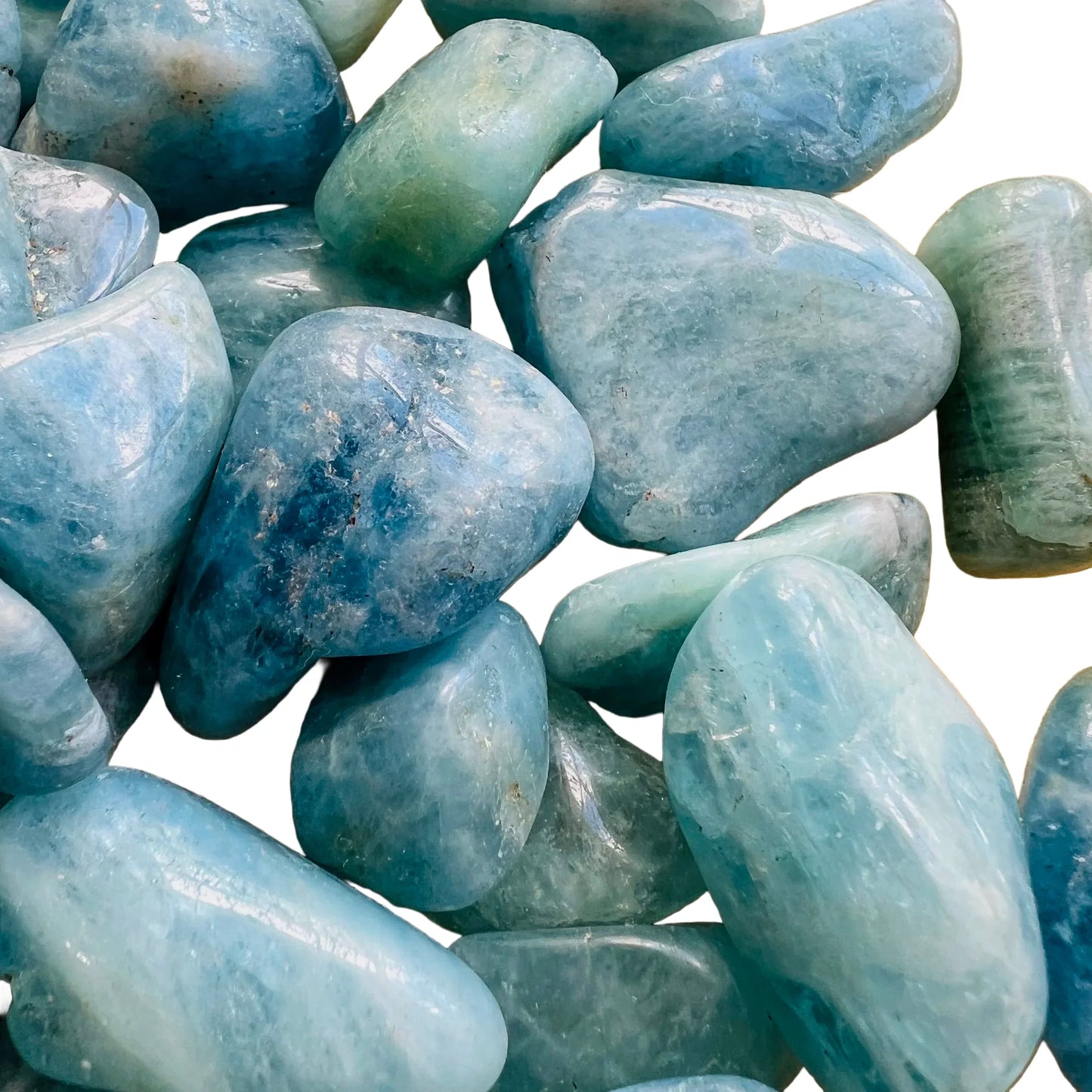 Top view of Aquamarine tumbled stone, sourced from Minas Gerais, Brazil, often worked with for Stress Relief.
