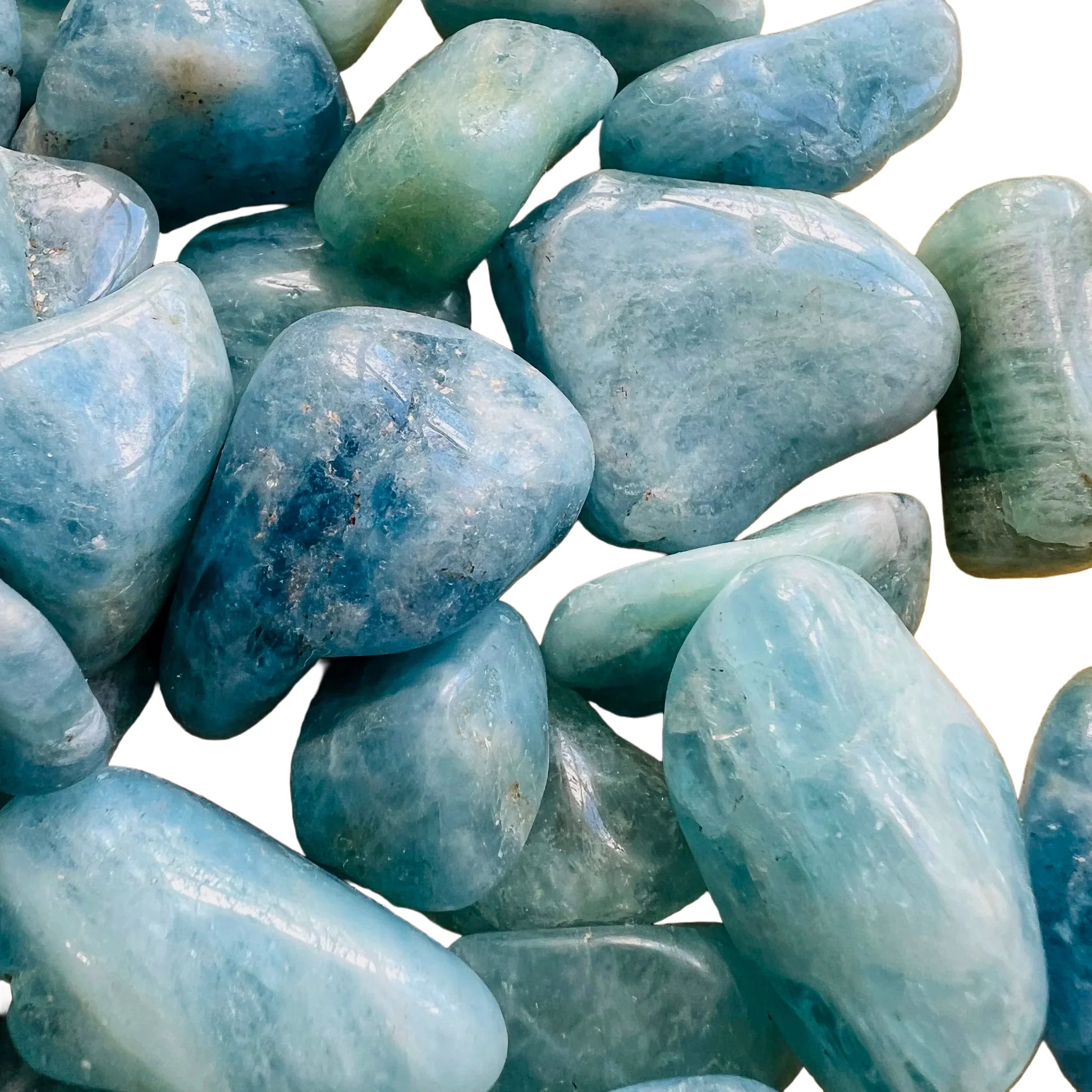 Top view of Aquamarine tumbled stone, sourced from Minas Gerais, Brazil, often worked with for Stress Relief.