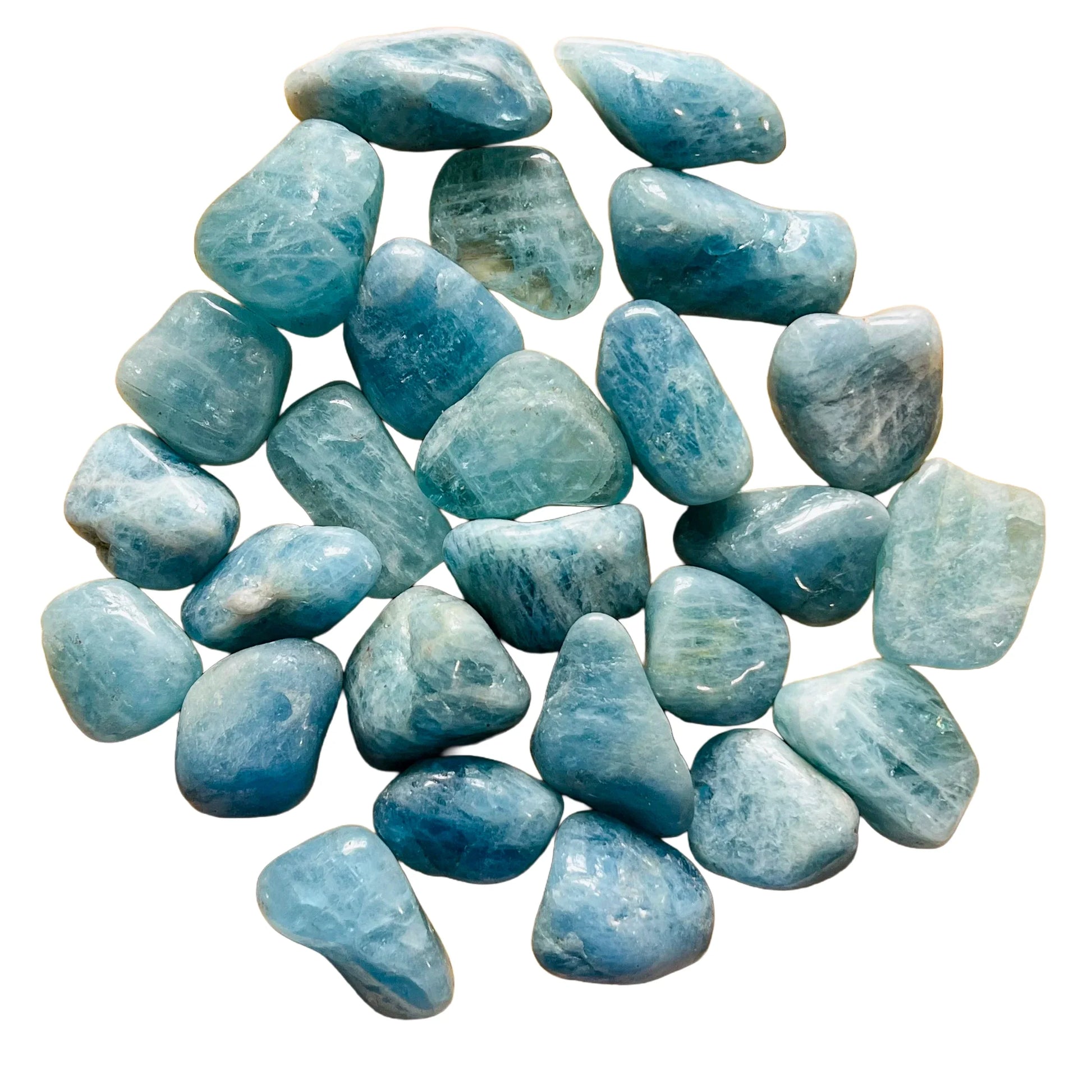 Full profile of Grade AAA Aquamarine tumbled stone ready to ship from Beyond Bohemian