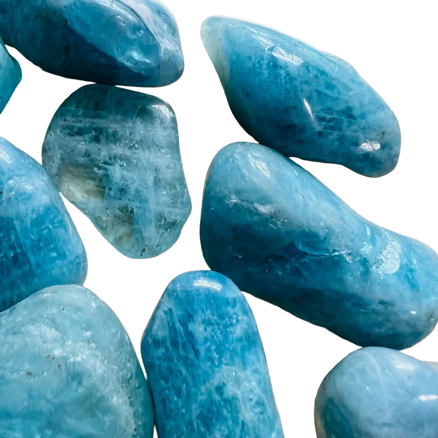 Full profile of Grade AAA Aquamarine tumbled stone ready to ship from Beyond Bohemian