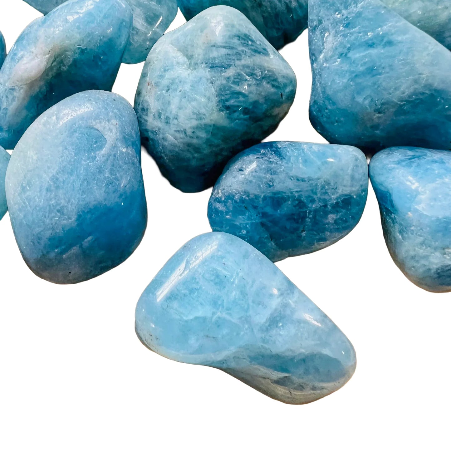 Full profile of Grade AAA Aquamarine tumbled stone ready to ship from Beyond Bohemian