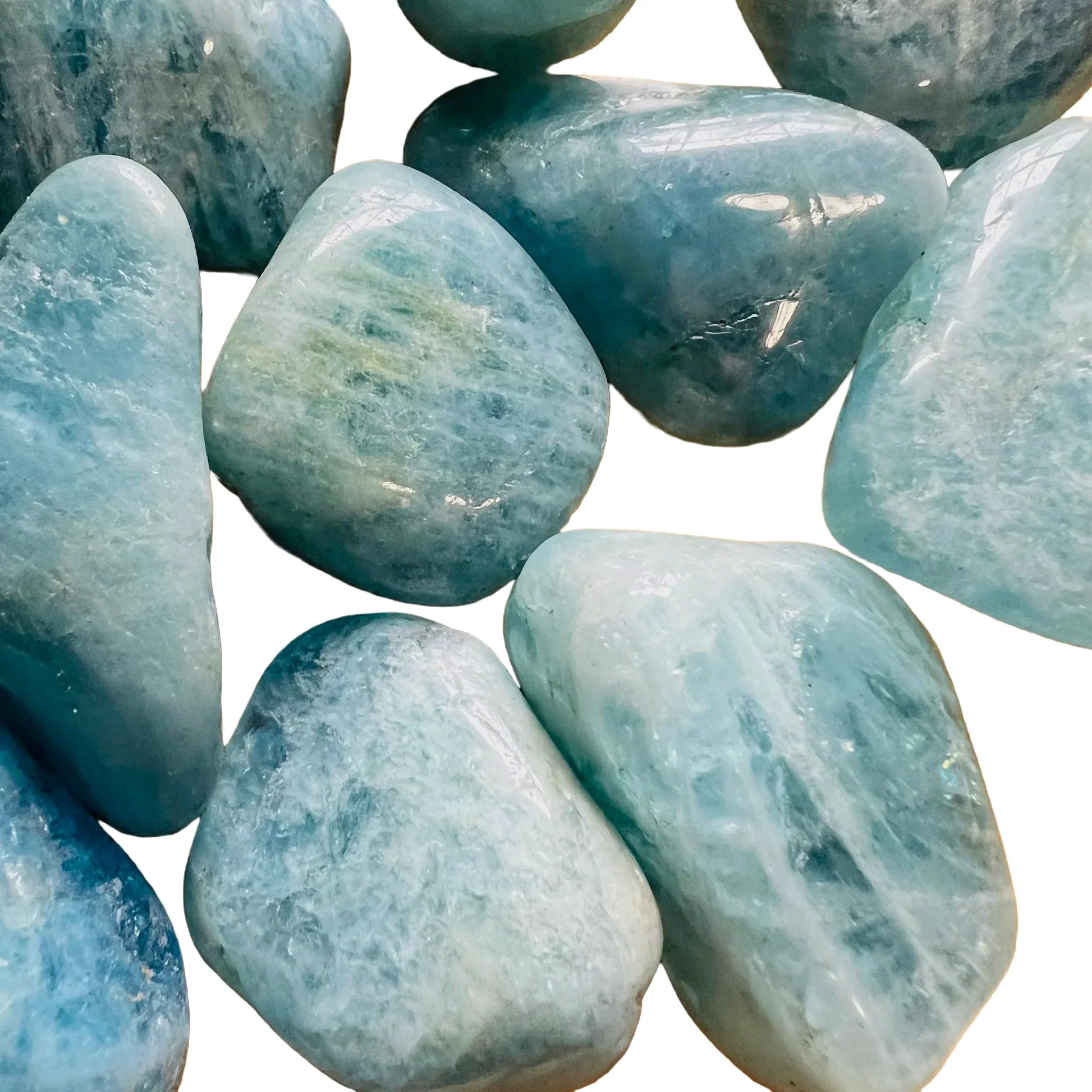 Full profile of Grade AAA Aquamarine tumbled stone ready to ship from Beyond Bohemian