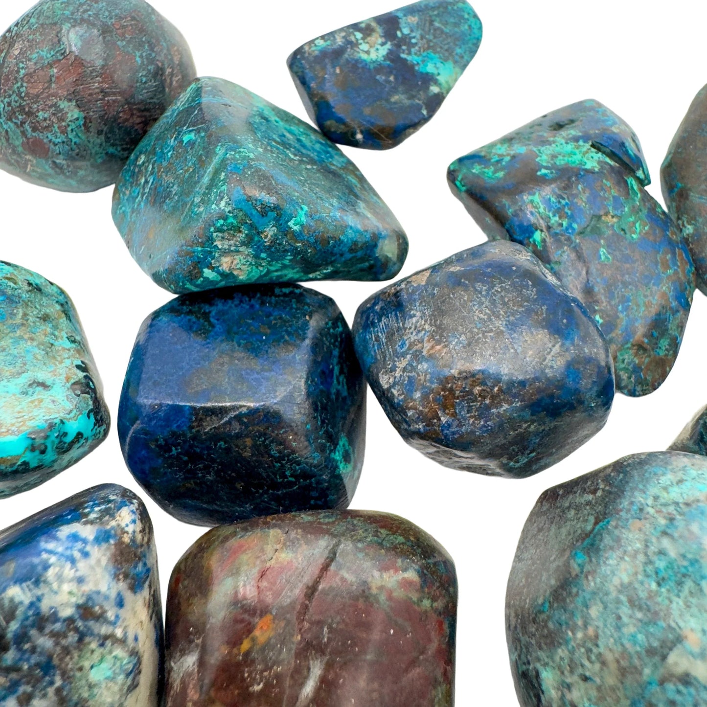 Close-up of Azurite tumbled stone, showing earthy tone, sourced from Kunene, Namibia.