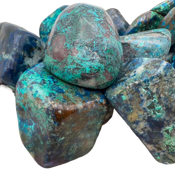 Profile shot of Grade AA Azurite tumbled stone, showing characteristic finish.