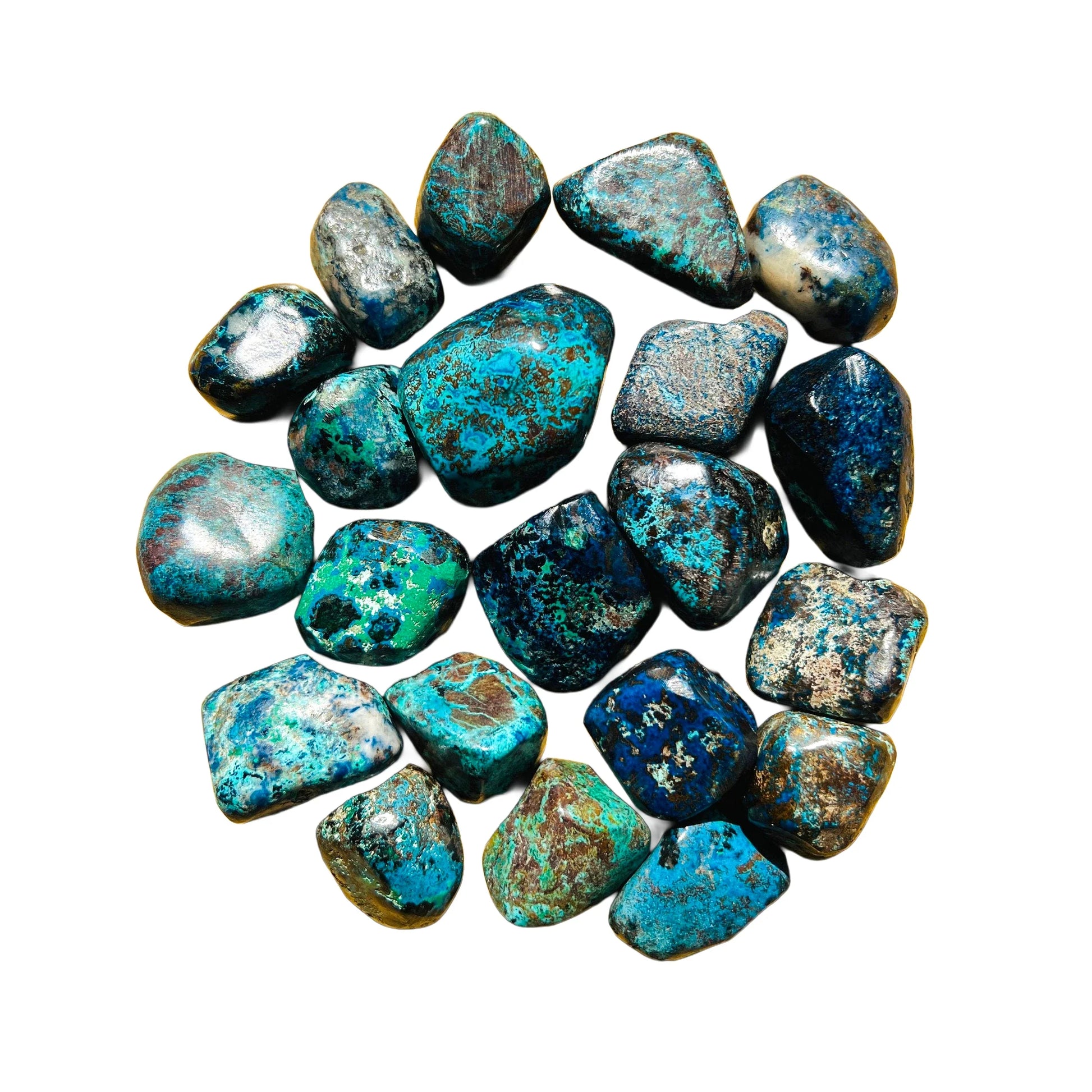 Resting display of Azurite tumbled stone, from Kunene, Namibia, traditionally used for Intuition, set to give a sense of weight.