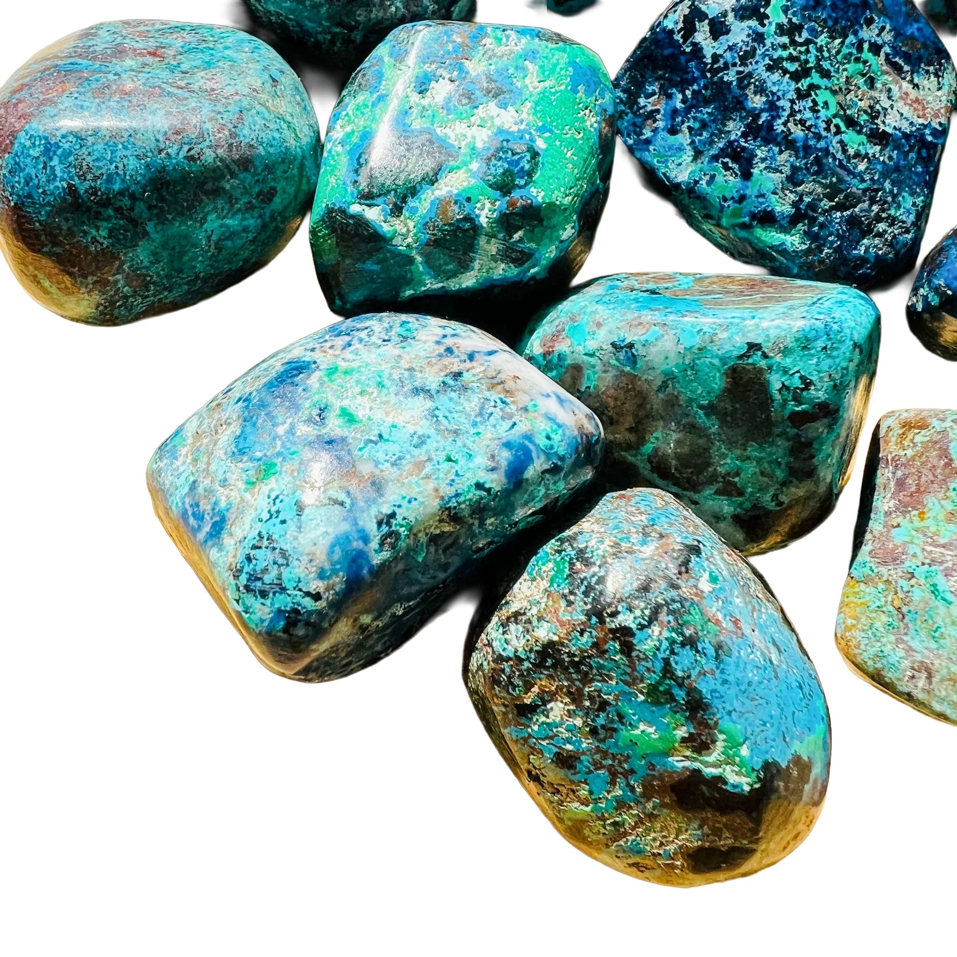 Detail shot of Grade AA Azurite tumbled stone under natural light